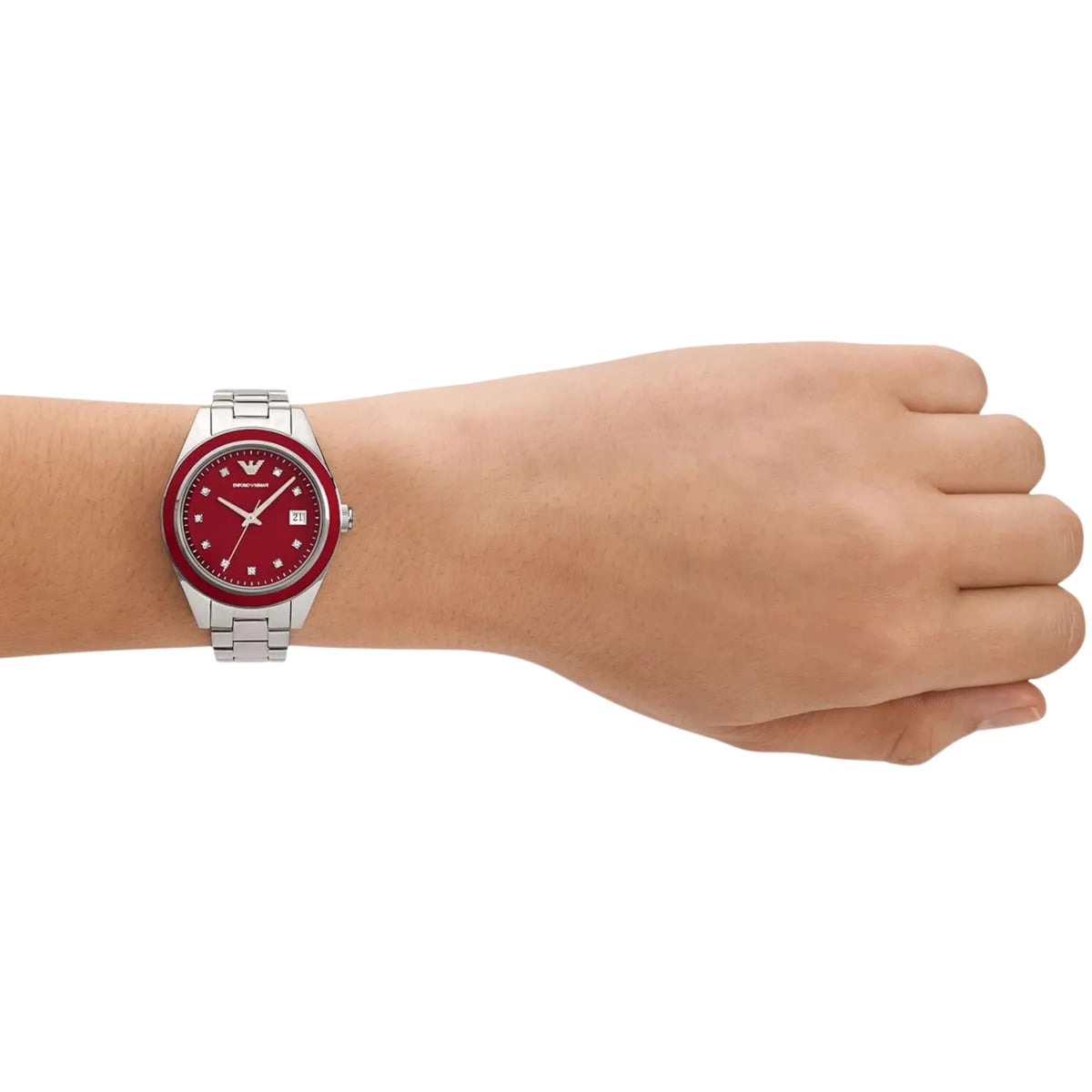 Emporio Armani Leo AR11544 wrist shot highlighting red dial with steel bracelet