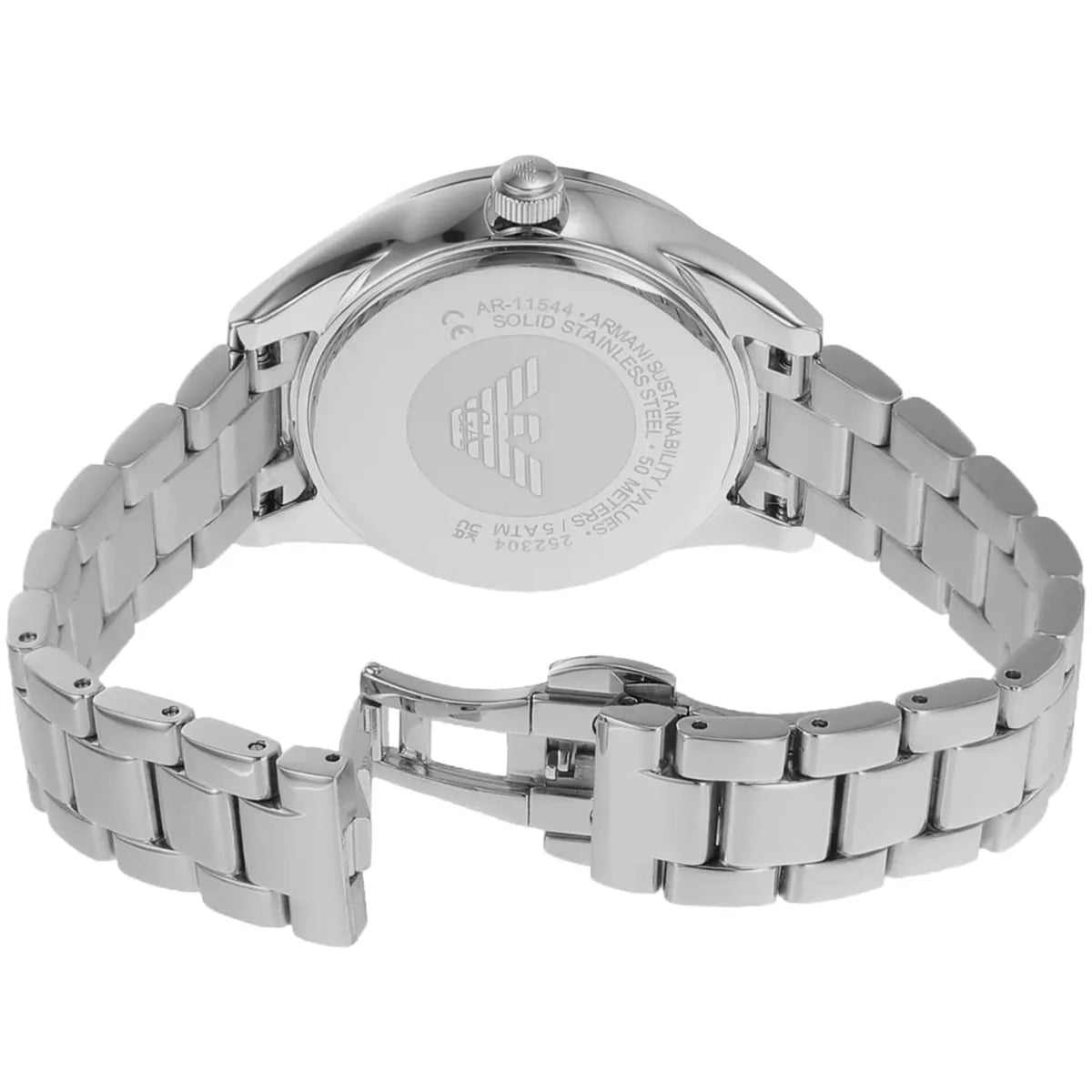 Emporio Armani Leo AR11544 angled rear view displaying engraved case back and steel bracelet clasp