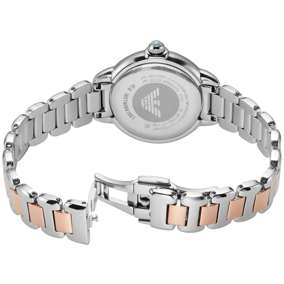 Emporio Armani Mia AR11597 angled rear view displaying engraved case back and open deployment clasp