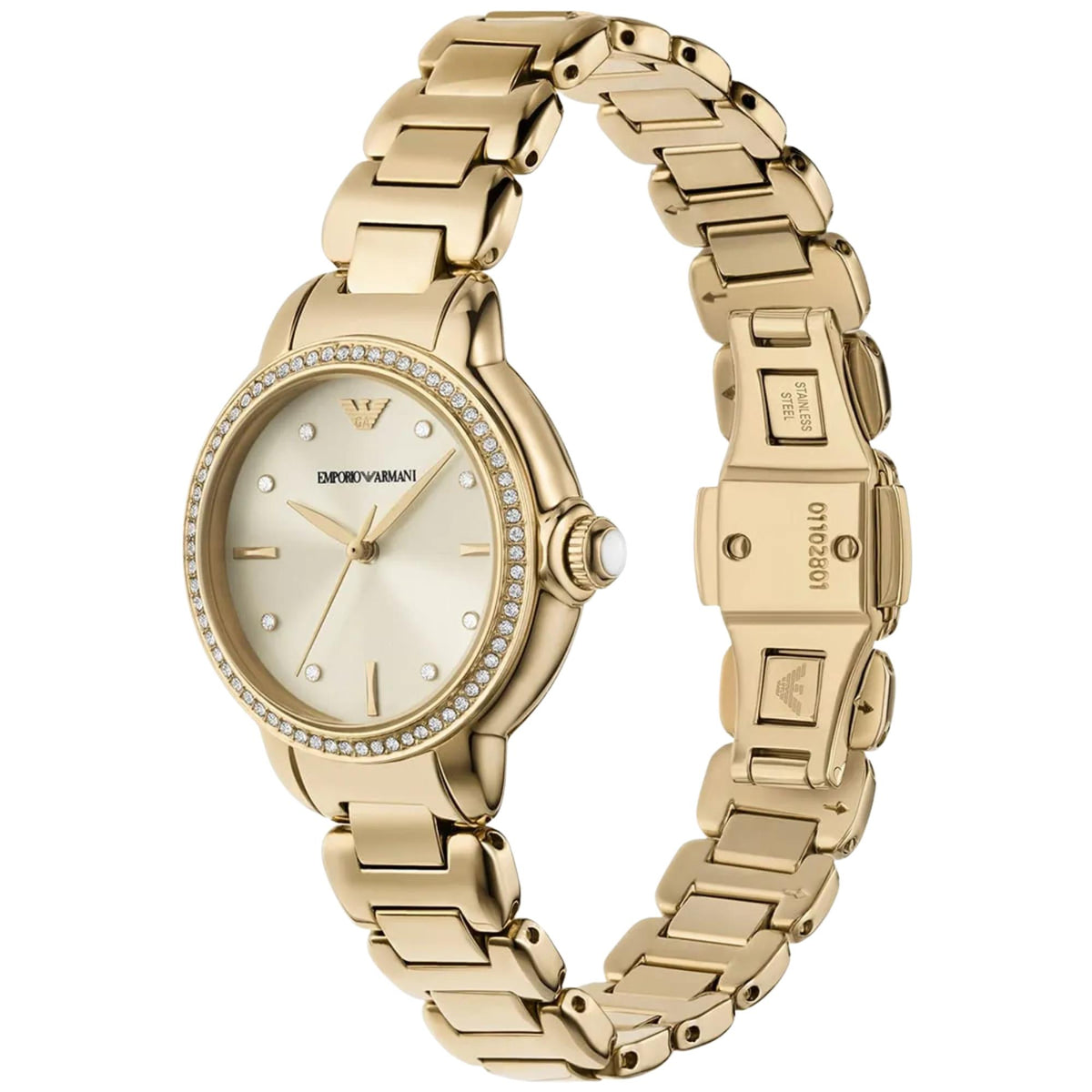 Emporio Armani Mia AR11609 three-quarter view highlighting cream dial with crystal bezel and open deployment clasp