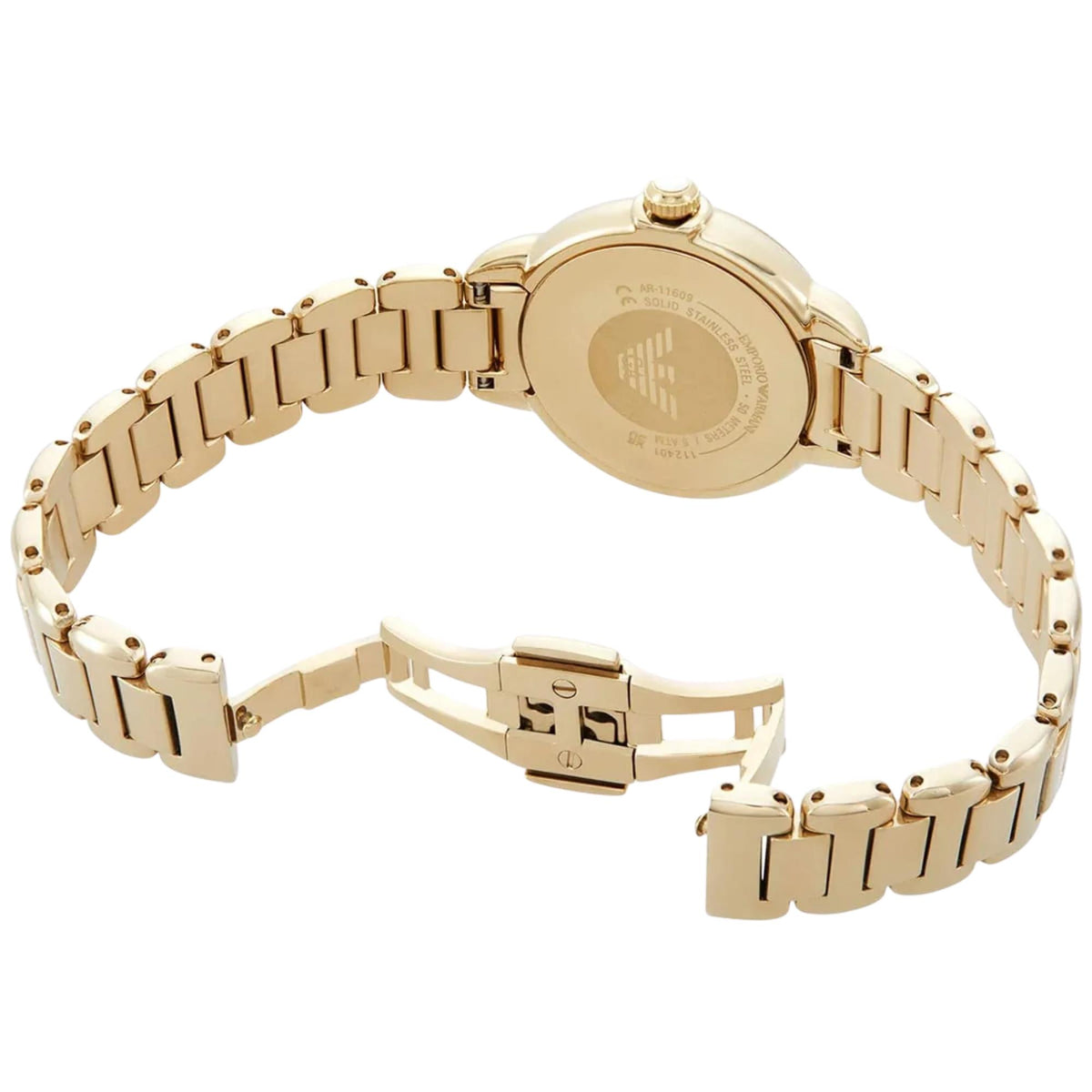 Emporio Armani Mia AR11609 rear angled view displaying engraved brand logo and open deployment clasp