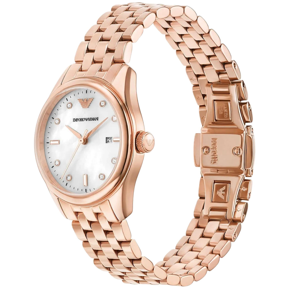 Emporio Armani Antonia AR11615 three-quarter view displaying mother of pearl dial with rose gold-tone steel link bracelet and open clasp