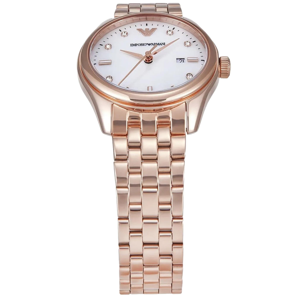 Emporio Armani Antonia AR11615 vertical view showing mother of pearl dial with rose gold-tone steel case and bracelet