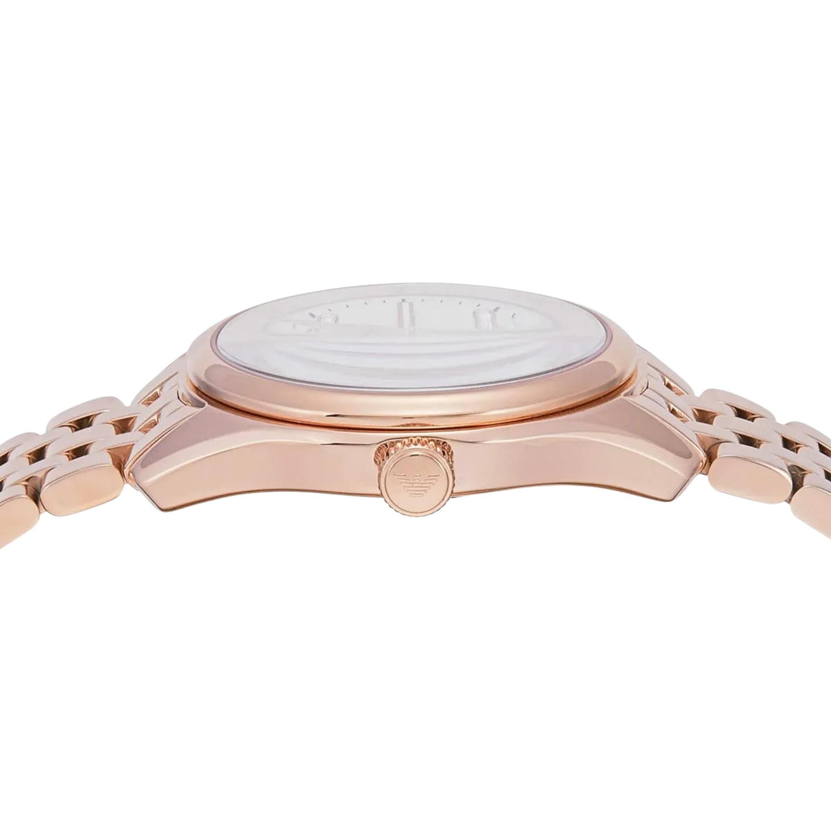 Emporio Armani Antonia AR11615 side profile view of rose gold-tone steel case with textured crown detail