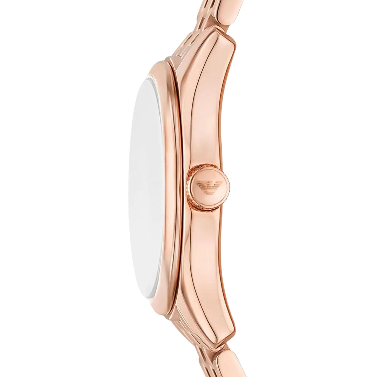Emporio Armani Antonia AR11615 side close-up of rose gold-tone steel case and signed crown
