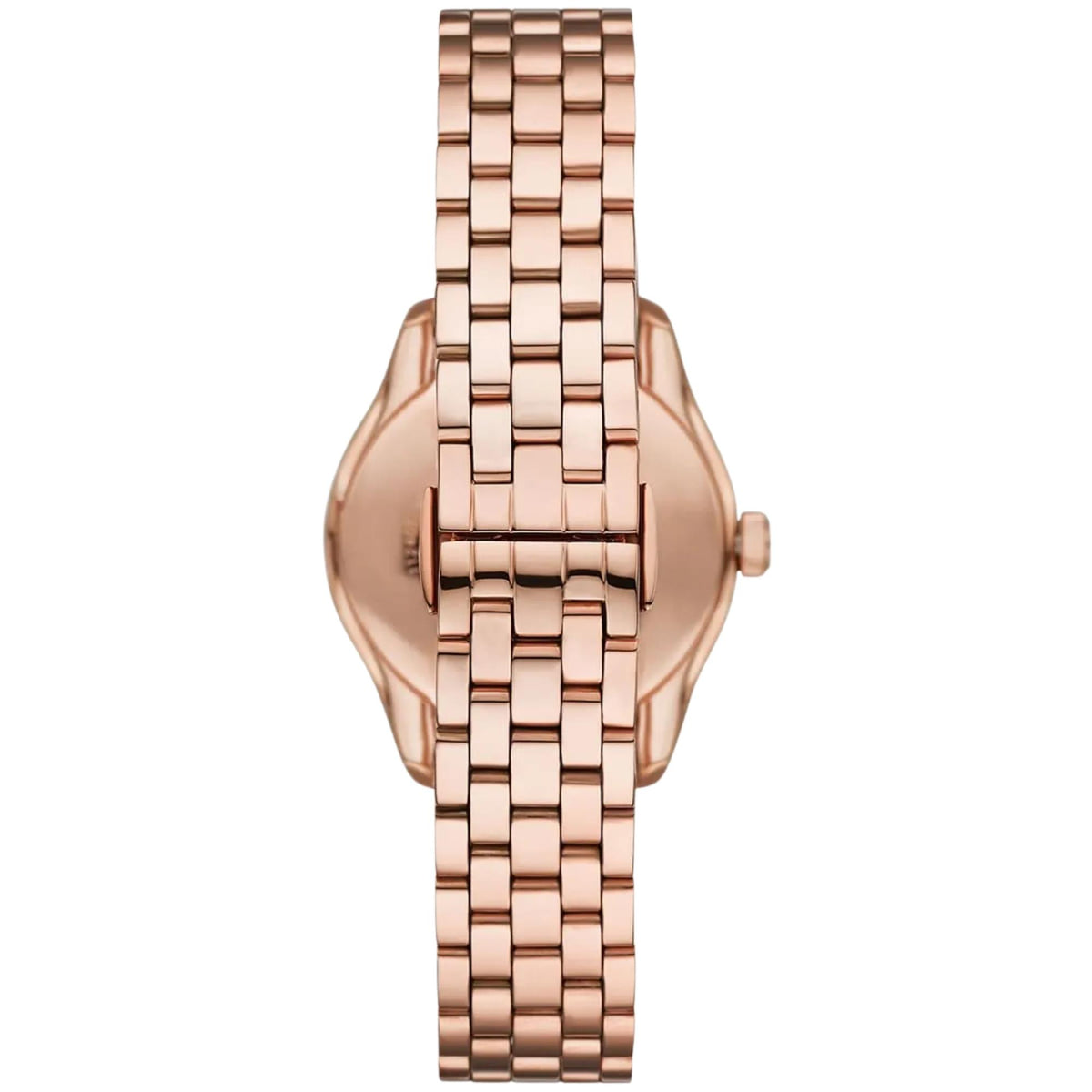 Emporio Armani Antonia AR11615 rear view displaying rose gold-tone steel bracelet with deployment clasp