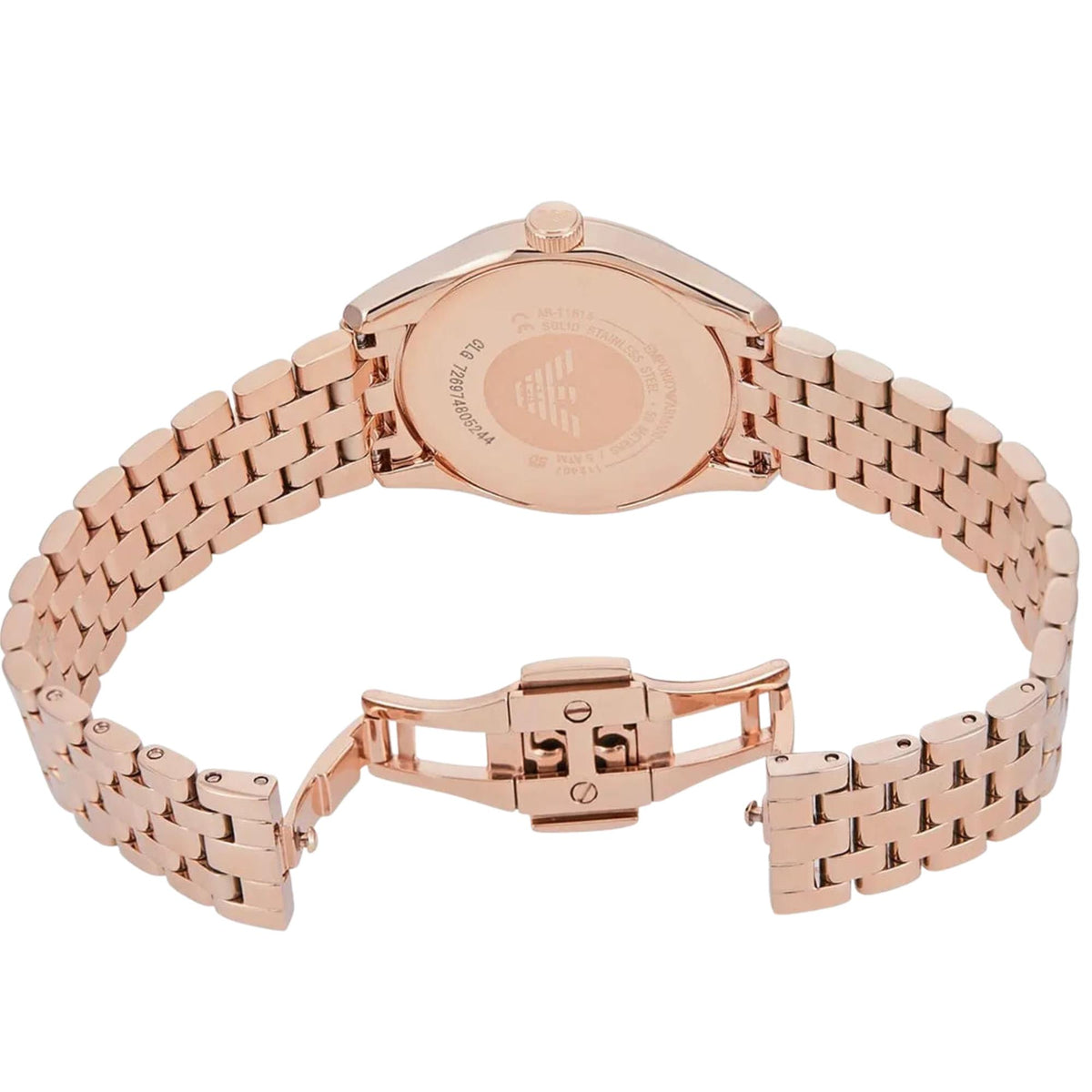 Emporio Armani Antonia AR11615 back view highlighting engraved case back and open rose gold-tone steel clasp