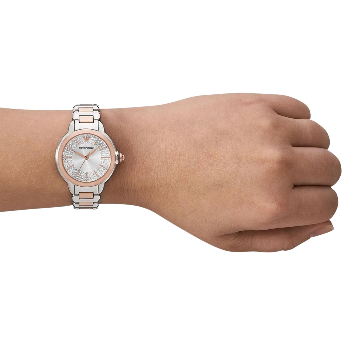 Emporio Armani Mia AR11643 top wrist view highlighting silver dial with stone set detailing and two-tone steel link bracelet
