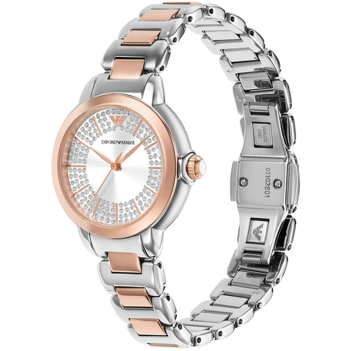 Emporio Armani Mia AR11643 side view displaying silver dial with two-tone steel link bracelet and open clasp