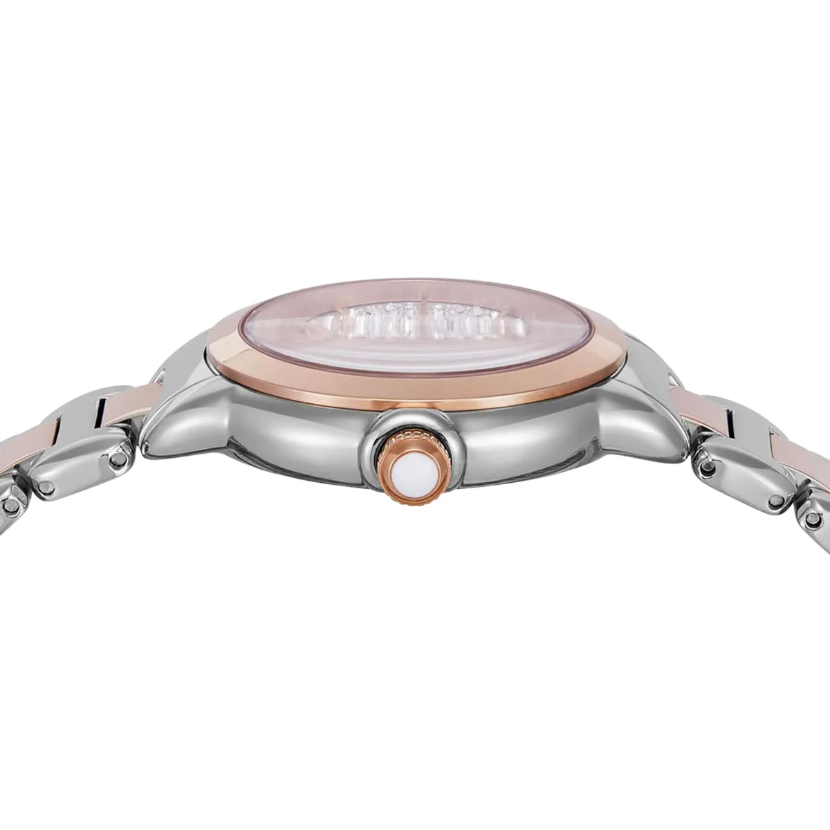 Emporio Armani Mia AR11643 horizontal profile showing slim steel case structure and crown detail