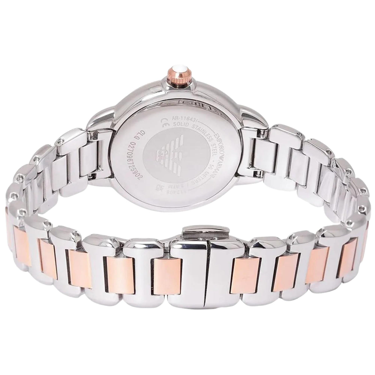 Emporio Armani Mia AR11643 rear view featuring case back branding and closed two-tone steel bracelet