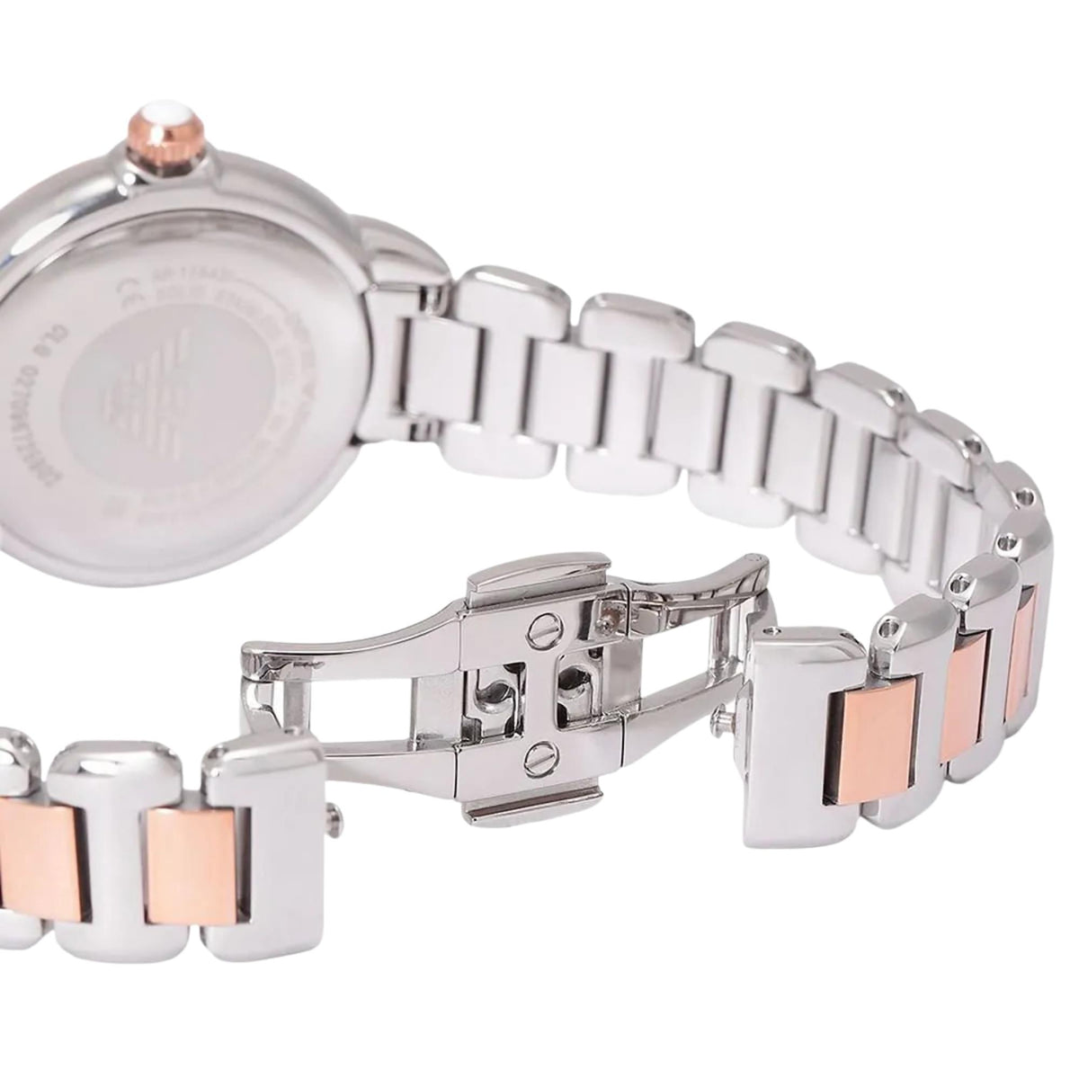 Emporio Armani Mia AR11643 close-up view of open deployment clasp and two-tone steel bracelet links