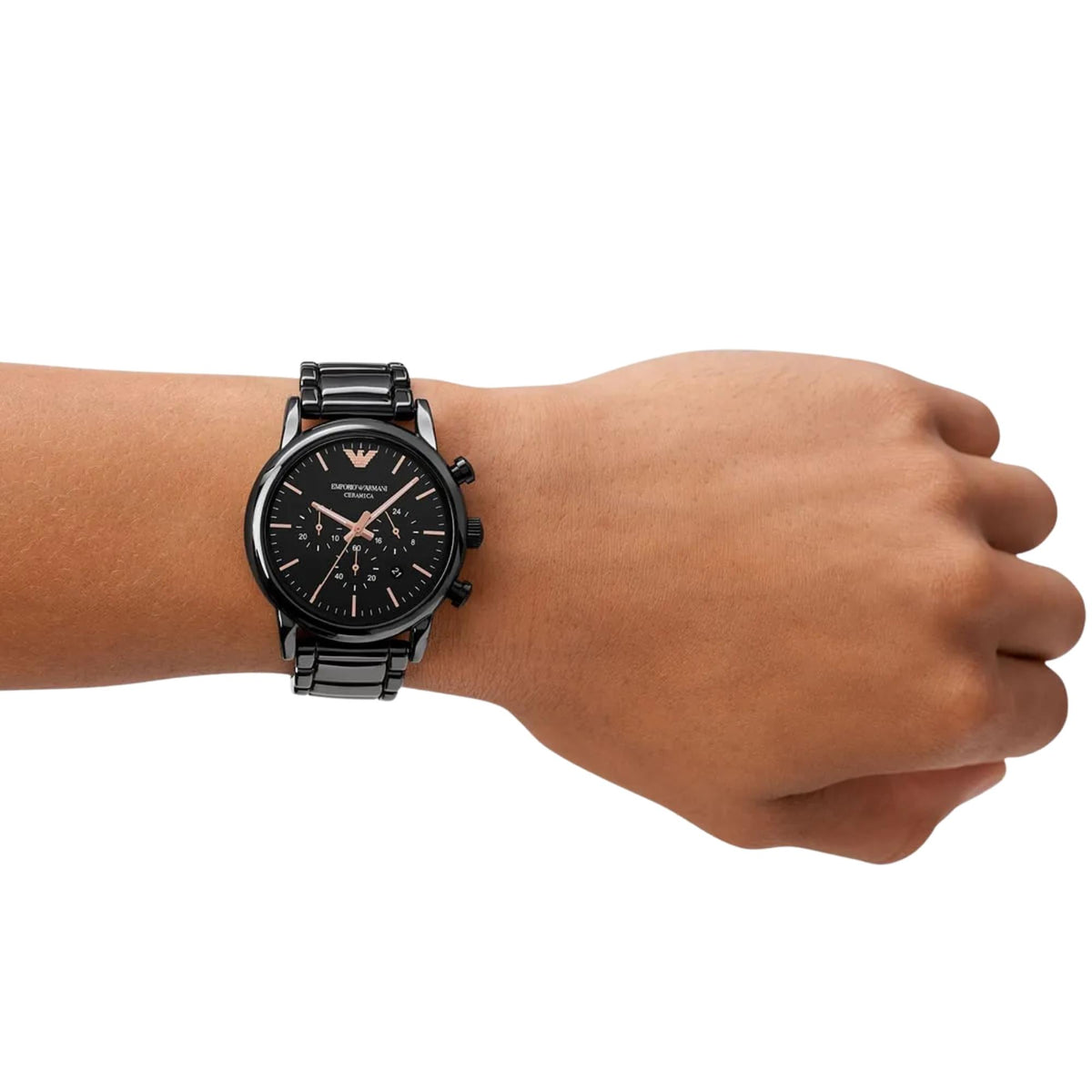 Emporio Armani Luigi AR1509 wrist shot demonstrating ceramic case and black dial proportion