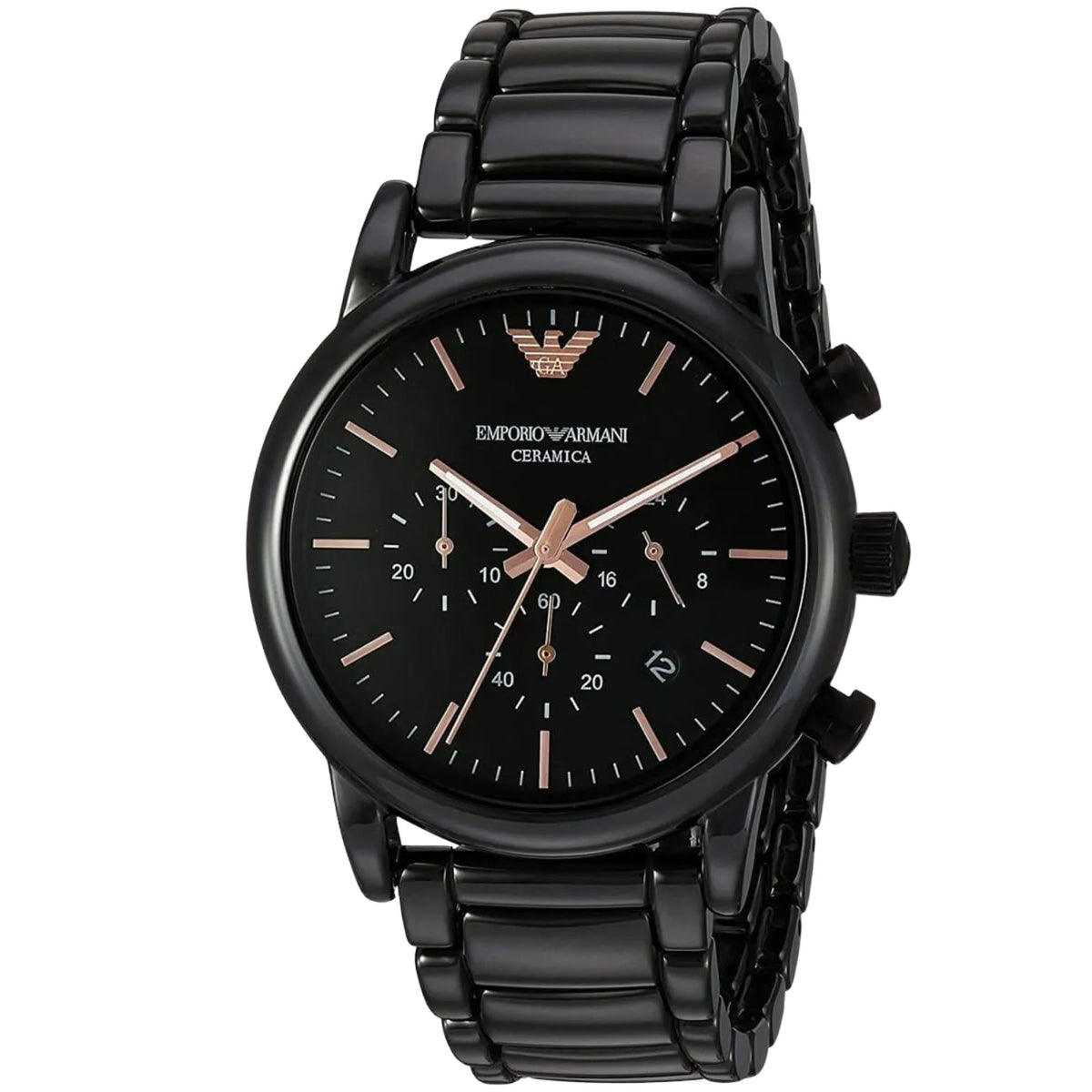 Emporio Armani Luigi AR1509 three-quarter view highlighting black ceramic case and matching link bracelet
