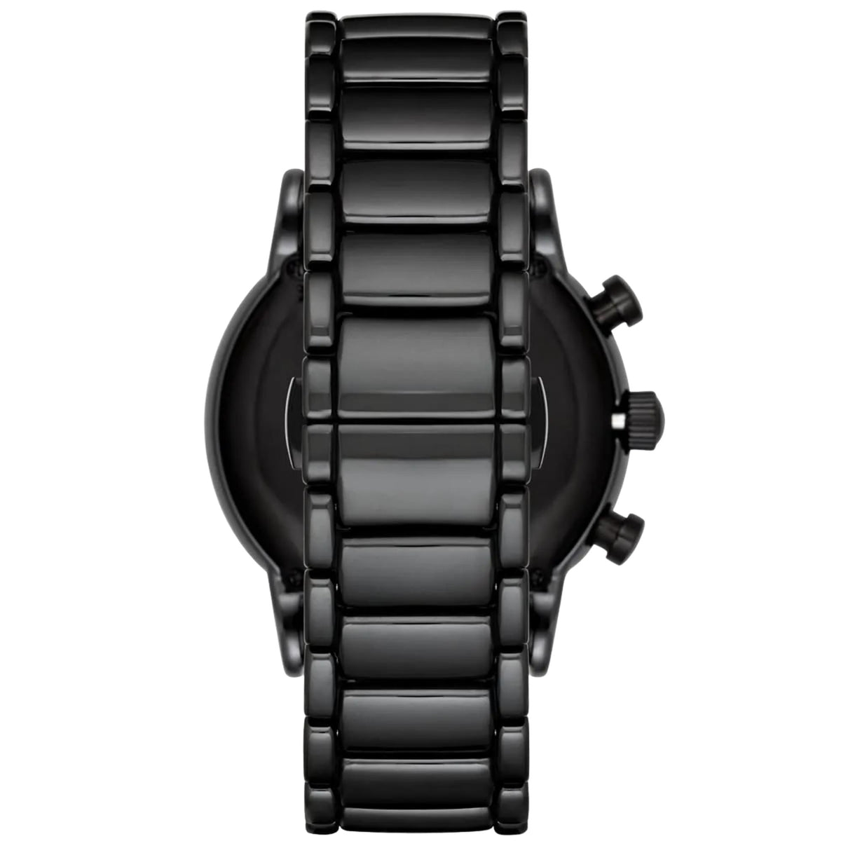 Emporio Armani Luigi AR1509 reverse view showcasing black ceramic link bracelet with closed clasp