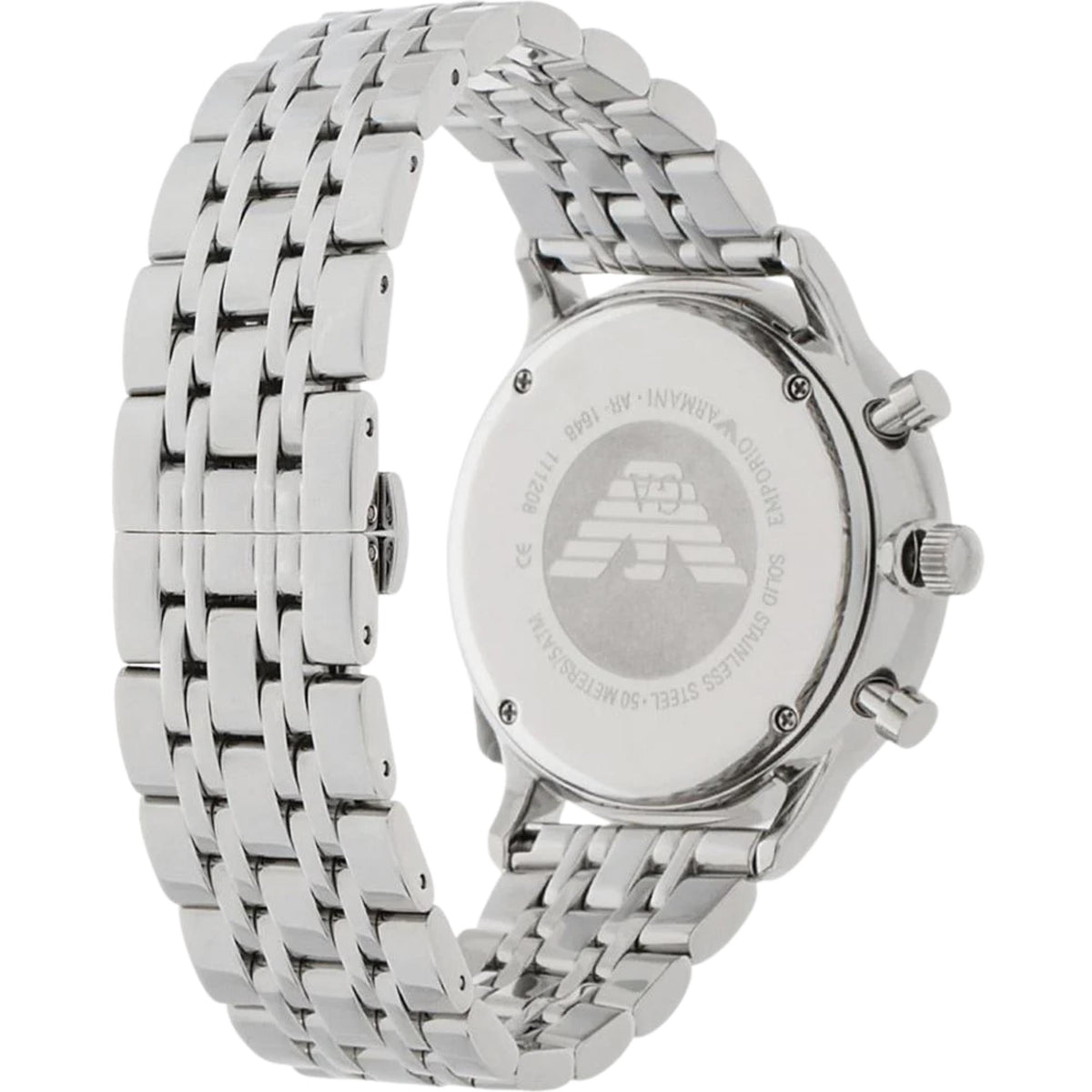 Emporio Armani Gianni AR1648 rear angle view displaying engraved back case and steel link bracelet