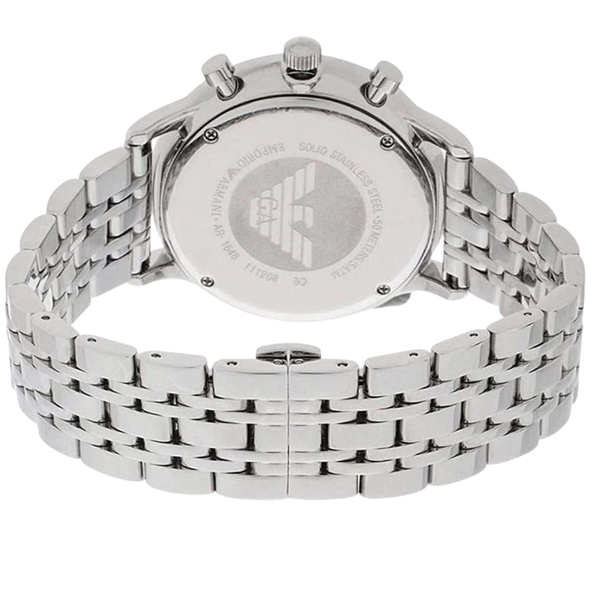 Emporio Armani Gianni AR1648 back view showing engraved back case and closed steel bracelet clasp