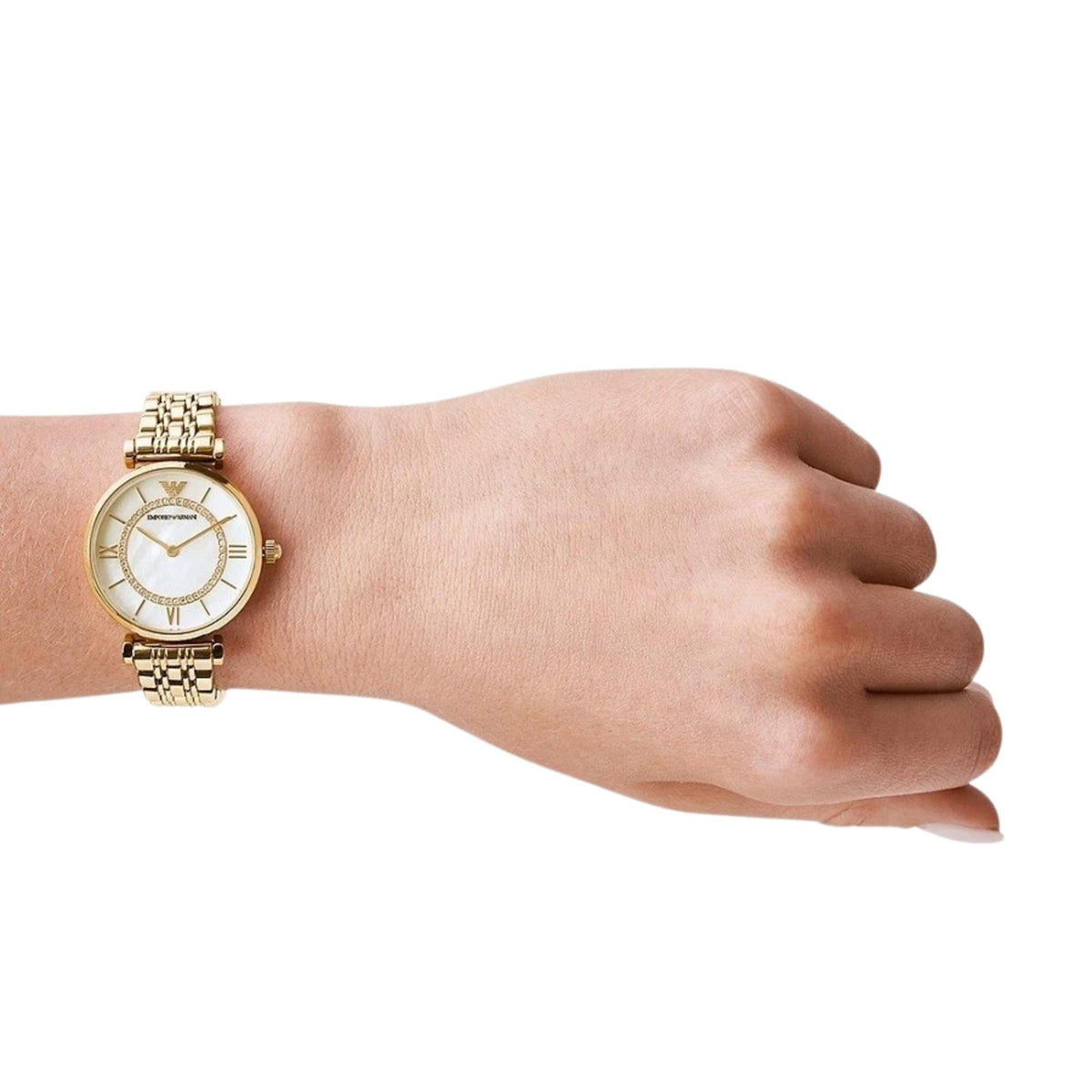 Emporio Armani Gianni T-Bar AR1907 wrist shot demonstrating yellow gold-tone steel case and dial proportion