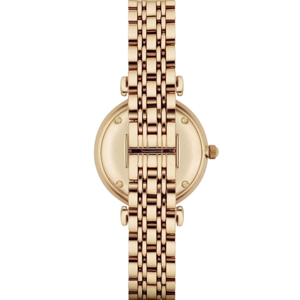 Emporio Armani Gianni T-Bar AR1907 reverse view showing yellow gold-tone steel link bracelet with closed clasp