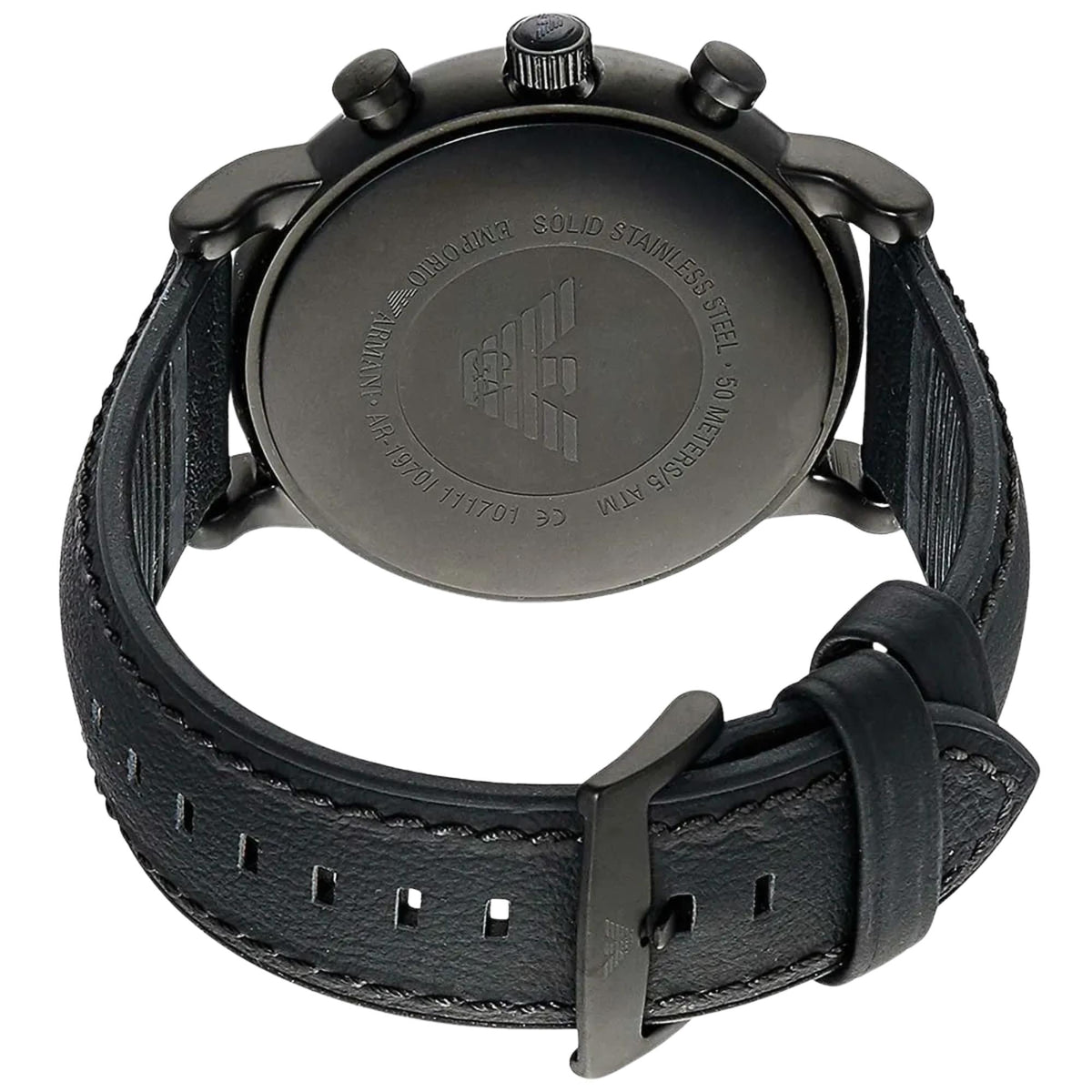 Emporio Armani Luigi AR1970 back view showing engraved case back and leather strap buckle fastening