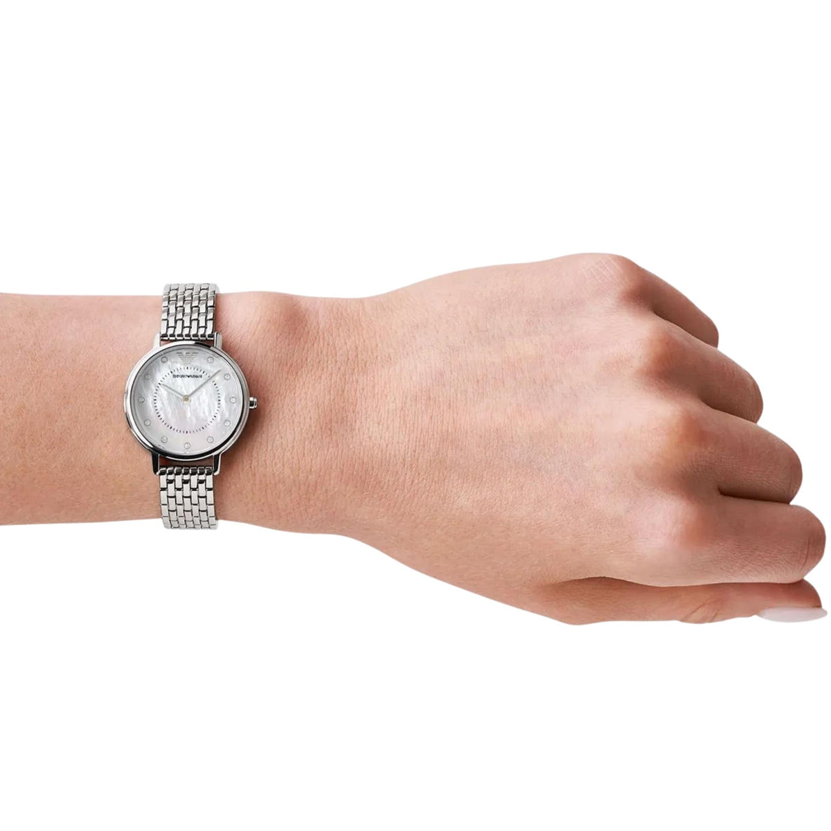 Emporio Armani Kappa AR2511 lifestyle wrist view displaying mother of pearl dial and steel case profile