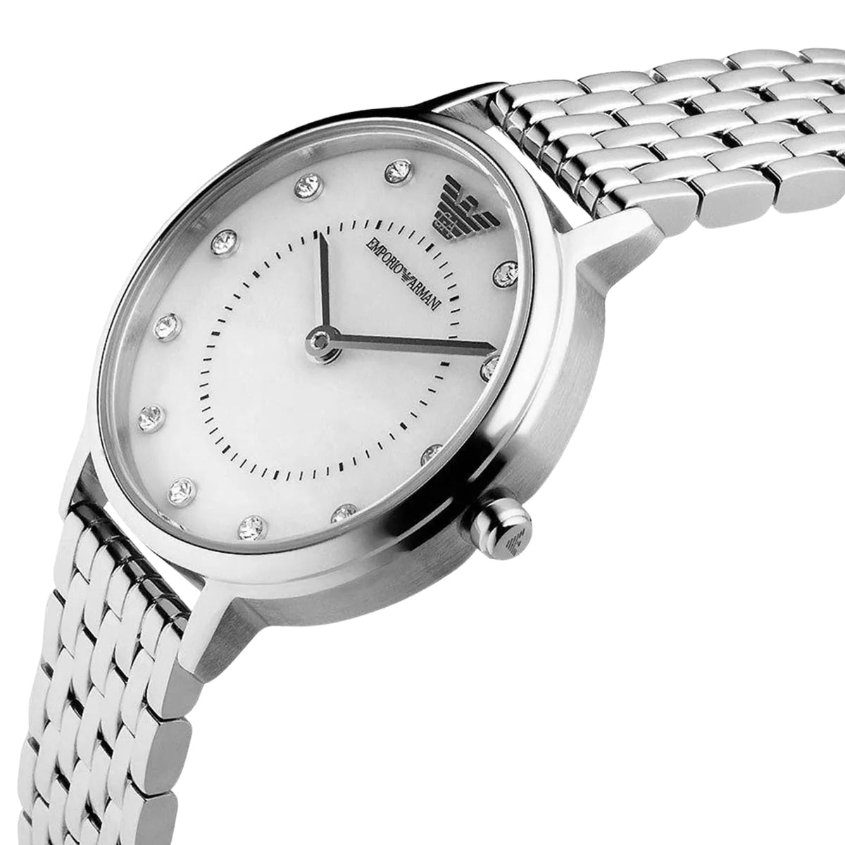 Emporio Armani Kappa AR2511 angled front shot highlighting mother of pearl dial with steel bracelet details