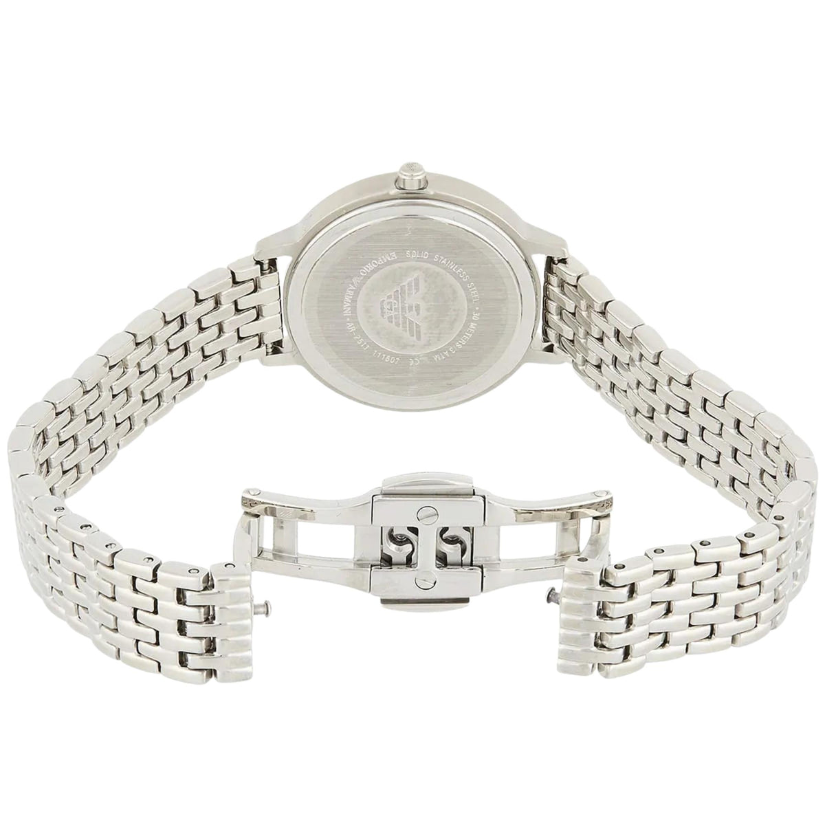 Emporio Armani Kappa AR2511 rear view showing engraved steel case back and open deployment clasp