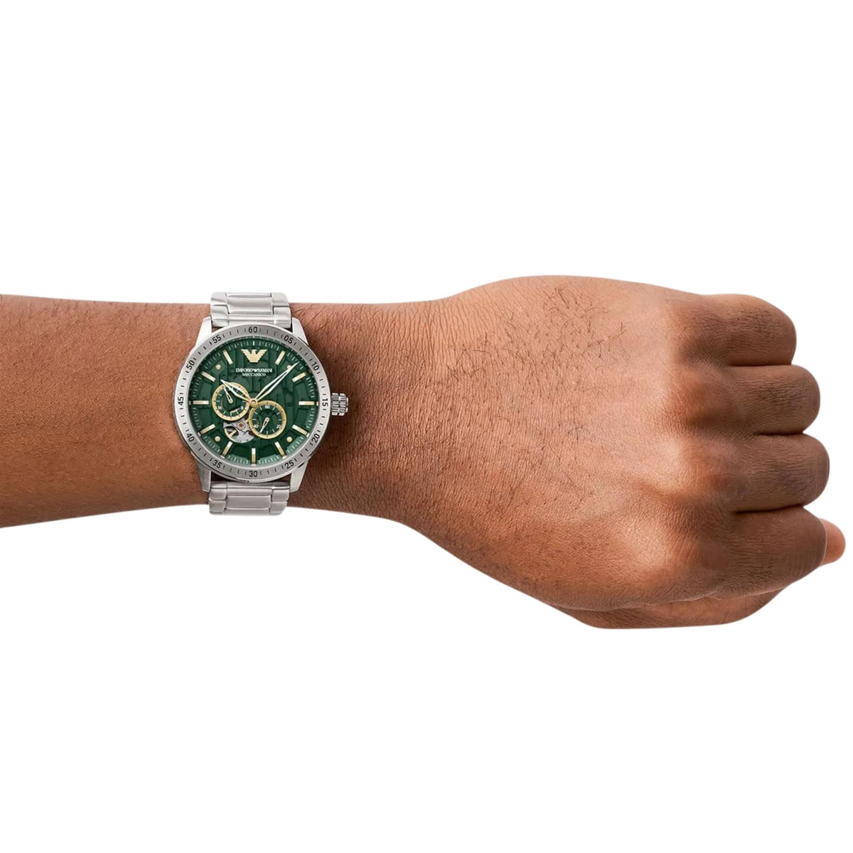 Emporio Armani Mario AR60053 distance wrist perspective highlighting green dial against steel case