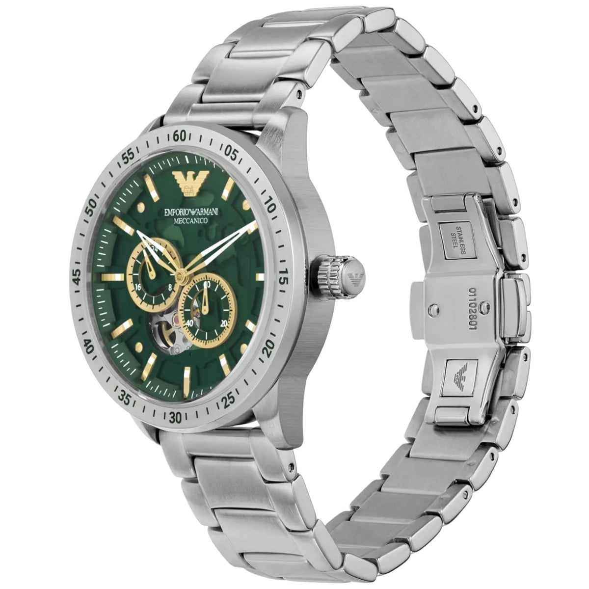 Emporio Armani Mario AR60053 three-quarter view showcasing green dial finish and deployment clasp