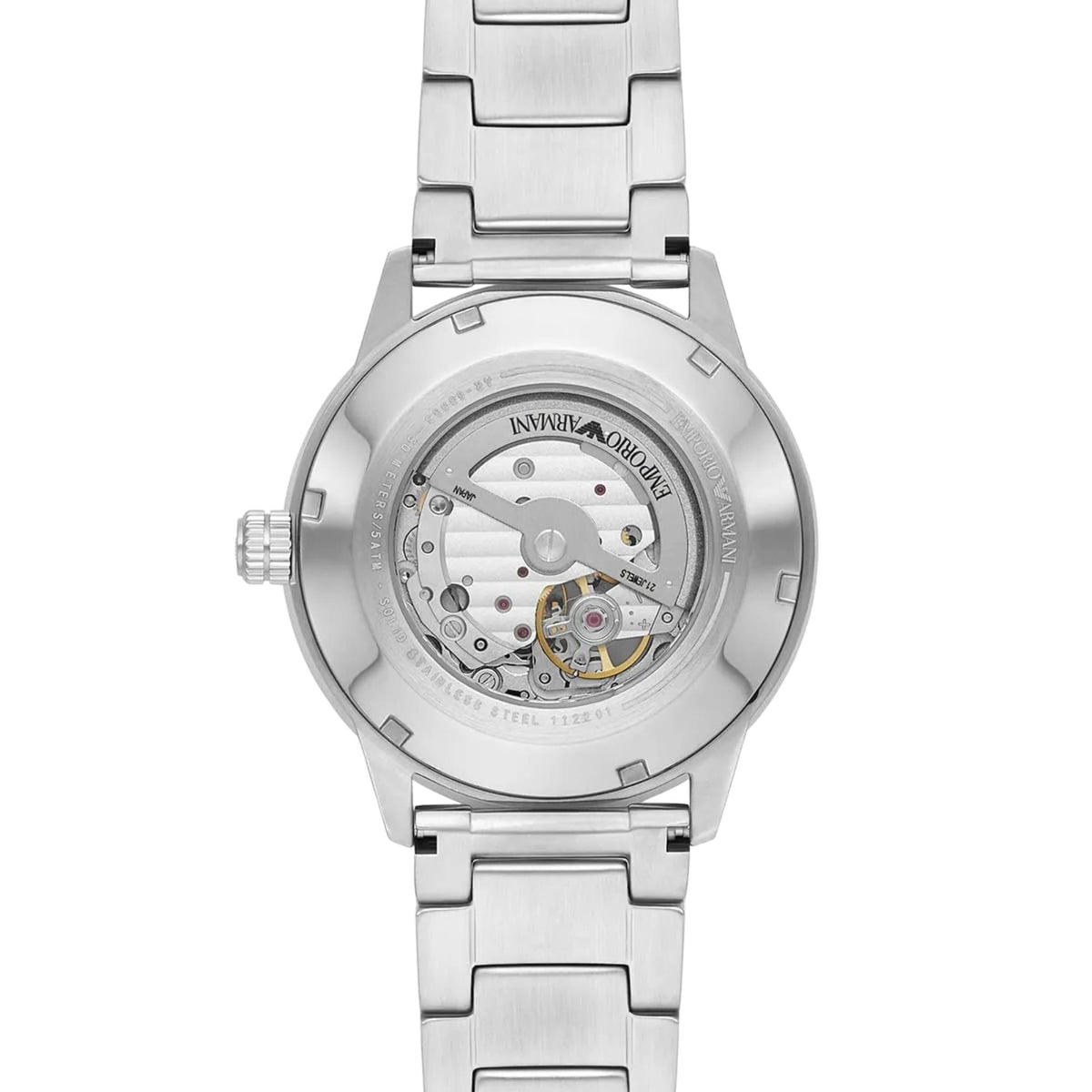 Emporio Armani Mario AR60053 flat back view highlighting transparent case back with automatic rotor
