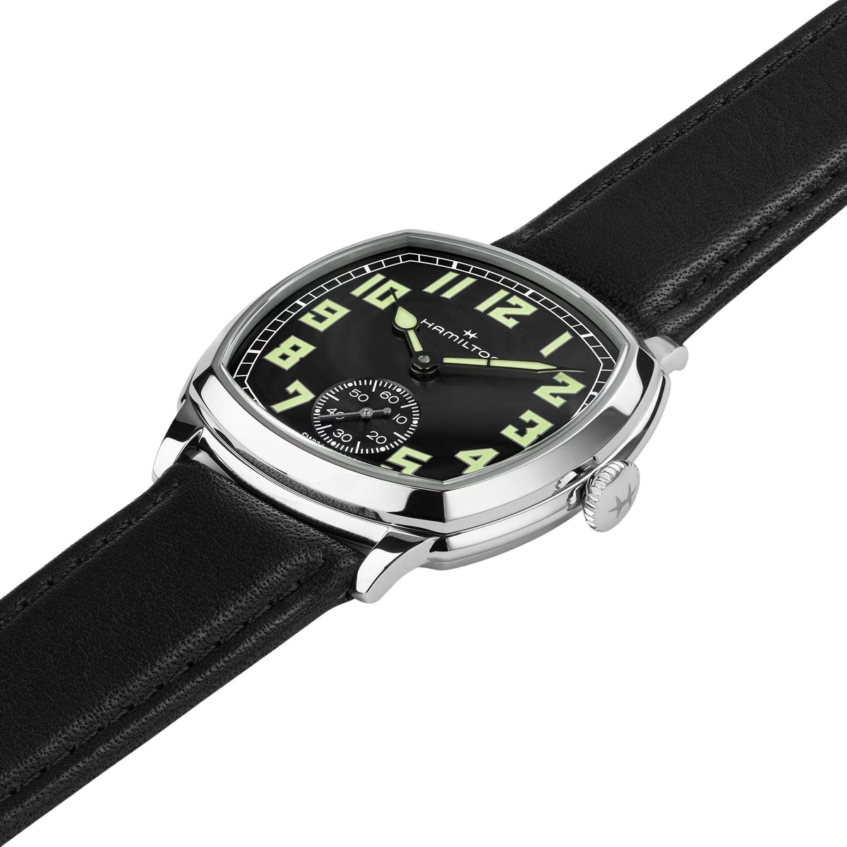 Hamilton American Classic Cushion Mechanical 34mm Black Dial Leather Mens Manual-Wind Watch H36129730