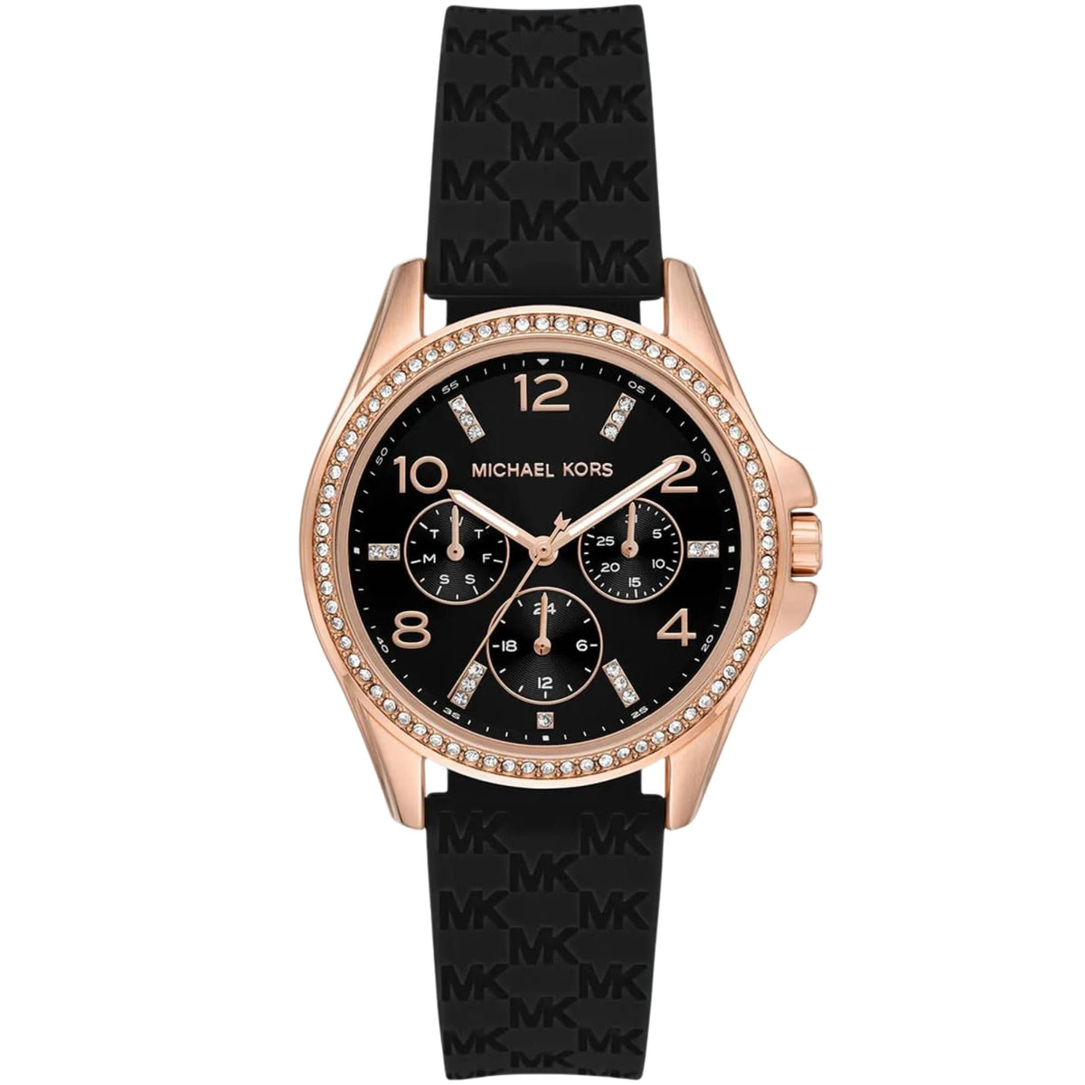 Michael Kors Mini Pilot 36mm Chronograph Black Dial Rose Gold-Tone Steel Silicone Ladies Quartz Watch MK7373