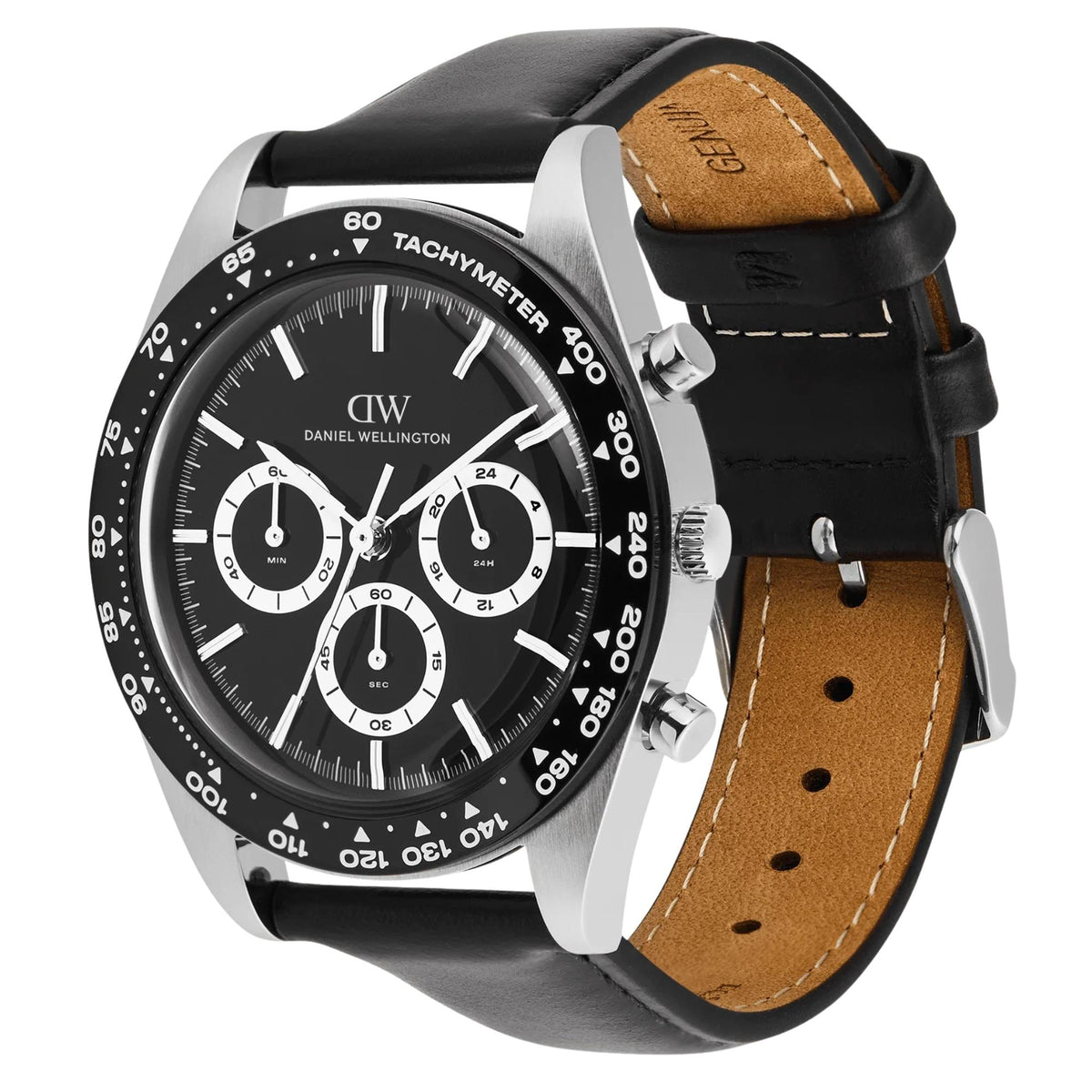 Daniel Wellington Iconic Tachymeter 42mm Chronograph Black Dial Leather Mens Quartz Watch DW00100950