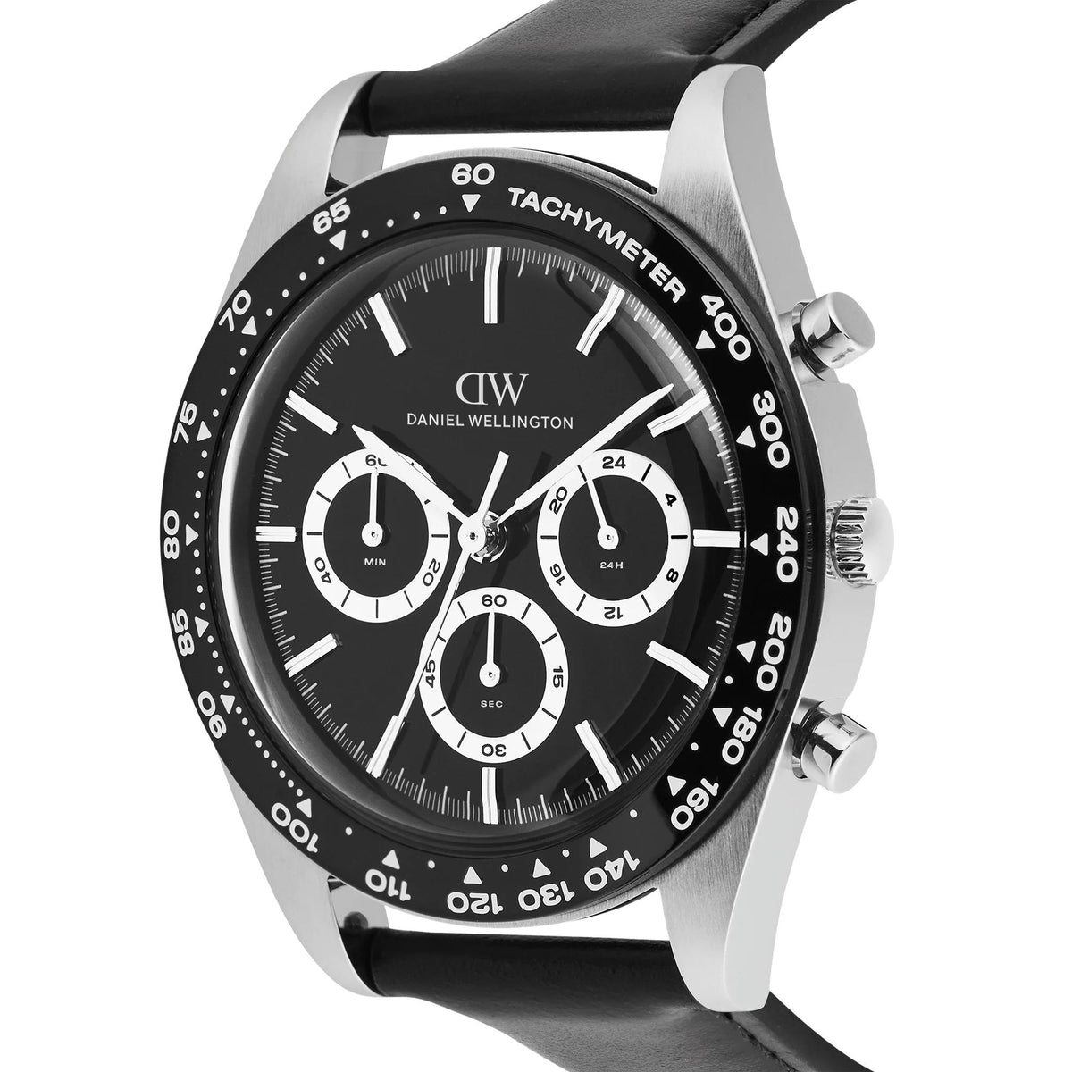 Daniel Wellington Iconic Tachymeter 42mm Chronograph Black Dial Leather Mens Quartz Watch DW00100950