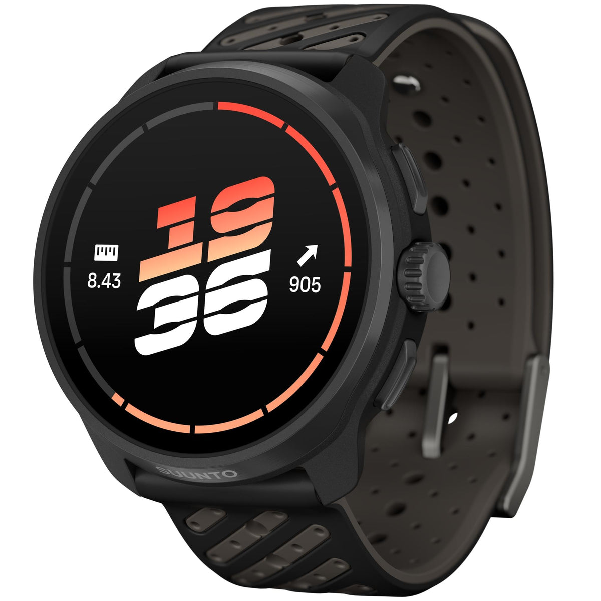 Suunto Race S SS051645000 angled view displaying digital clock interface on AMOLED screen and side crown