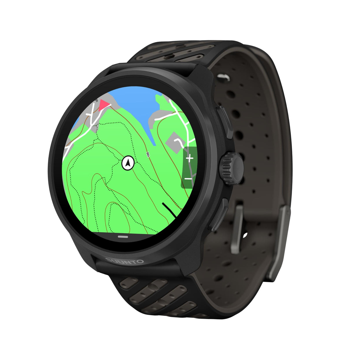 Suunto Race S SS051645000 angled view displaying green topographic map navigation interface on digital display