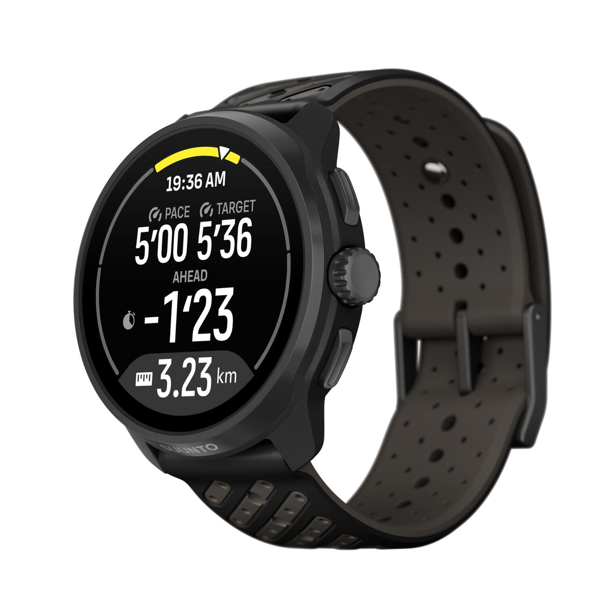Suunto Race S SS051645000 angled view displaying fitness tracking metrics screen and black silicone strap