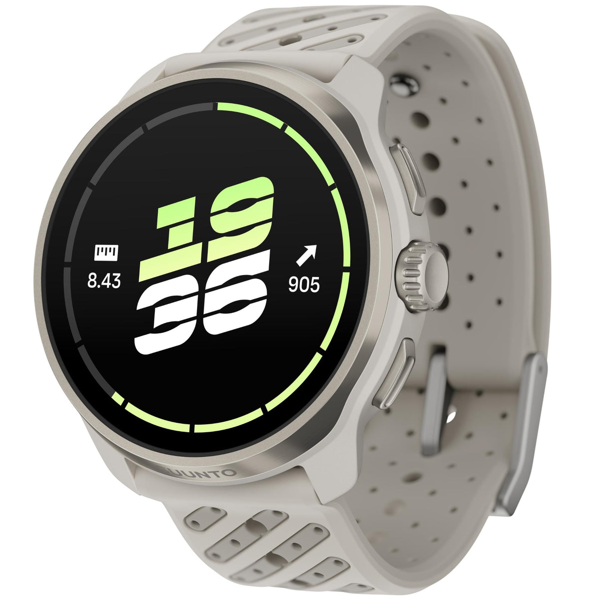 Suunto Race 3S SS051646000 angled view displaying digital clock display on AMOLED screen and side control crown