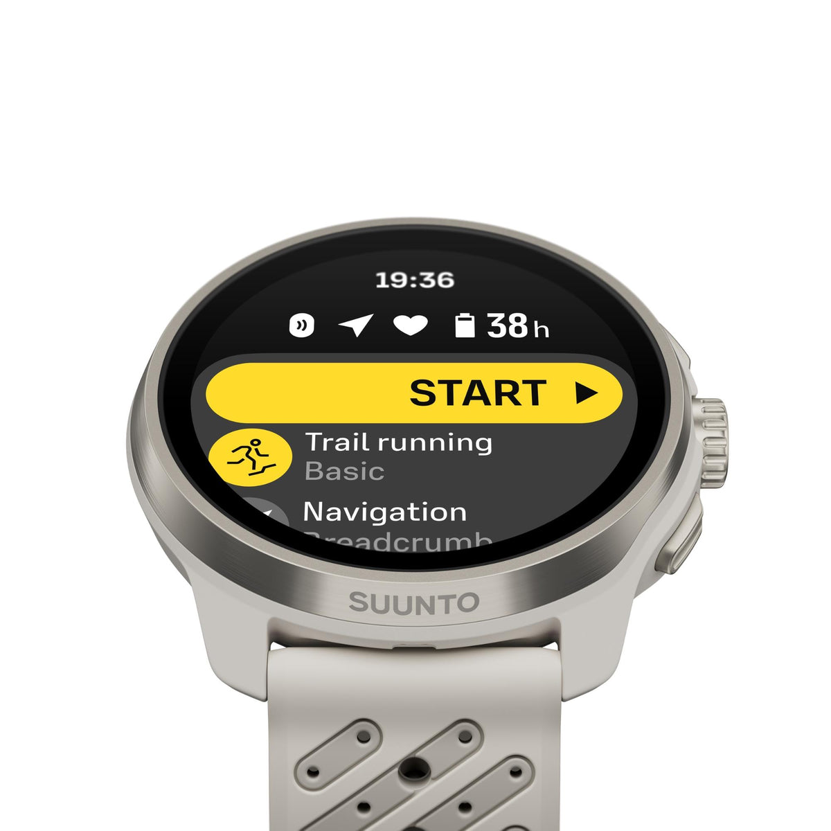 Suunto Race 3S SS051646000 close-up view displaying trail running workout mode selection on digital screen