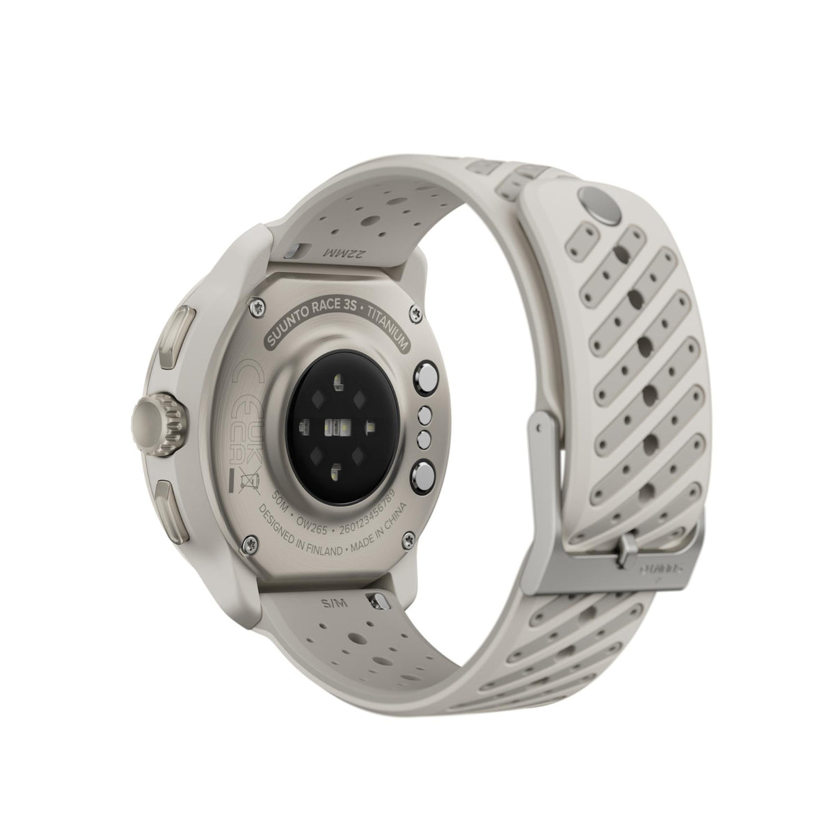 Suunto Race 3S SS051646000 angled rear view displaying heart rate sensor array on back case and ventilated silicone strap buckle