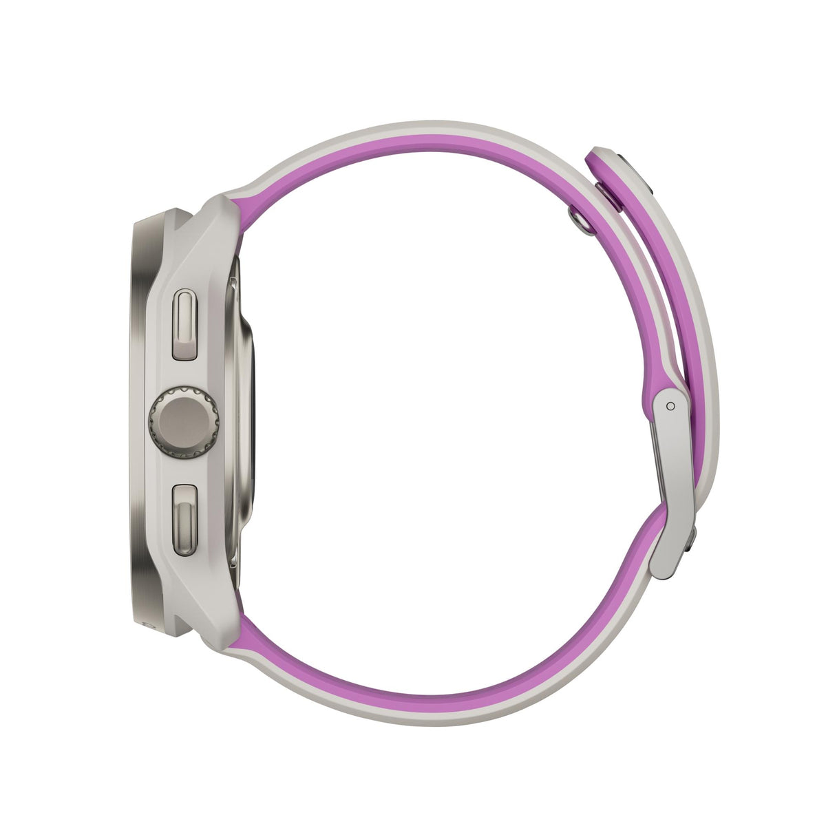 Suunto Race 3S SS051647000 side profile view showing titanium case, control crown, pushers, and silicone strap curvature