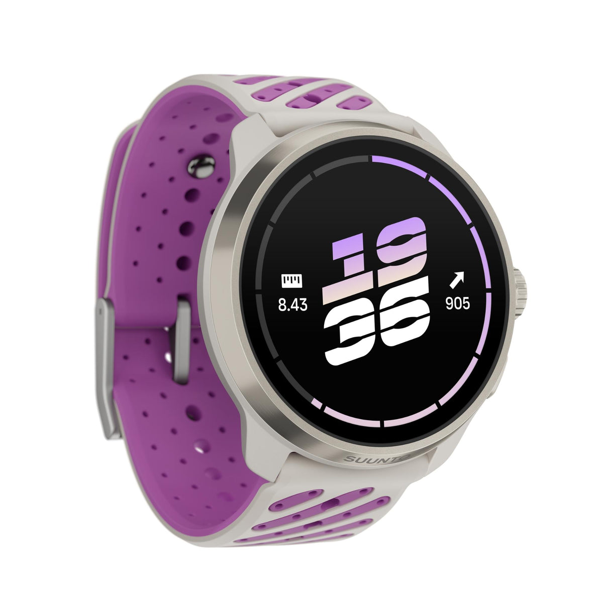 Suunto Race 3S SS051647000 angled view displaying digital watch face and orchid silicone strap loop