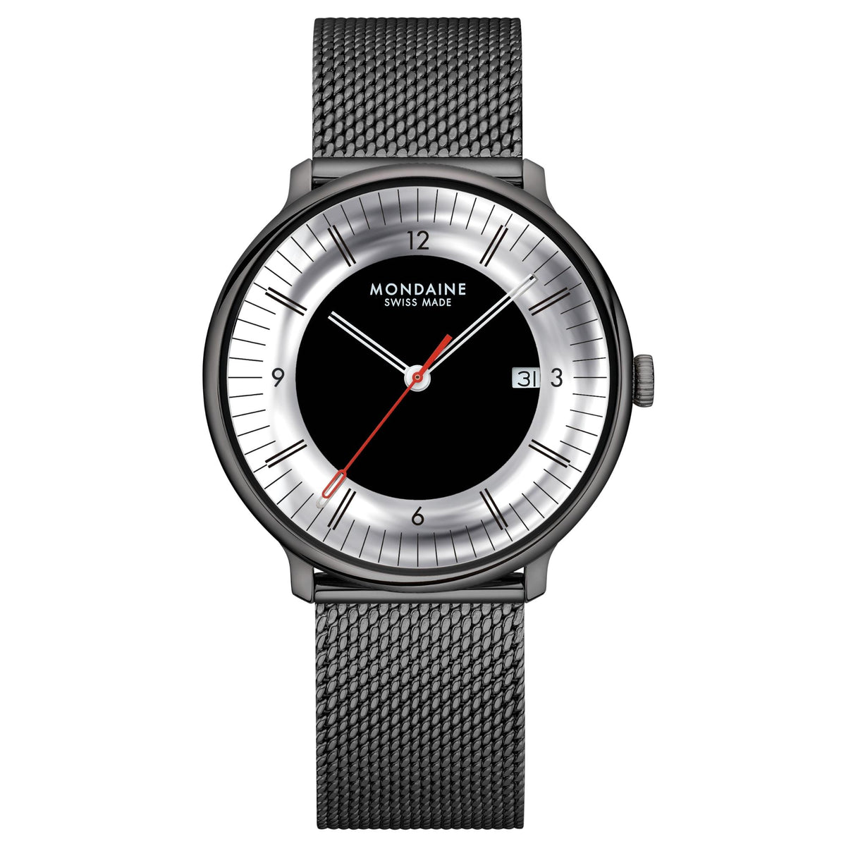 A Mondaine Swiss Made MLE.41280.SM
Watch with a mesh bracelet, a black case, and a black dial center