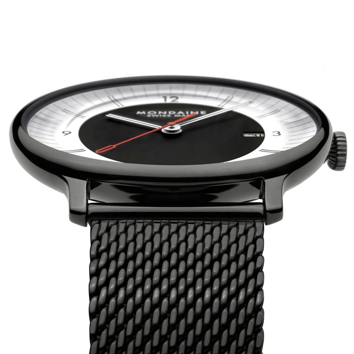 Mondaine Doppio Mirror MLE.41280.SM low-angle profile shot displaying black dial, crown, and mesh strap lug attachment