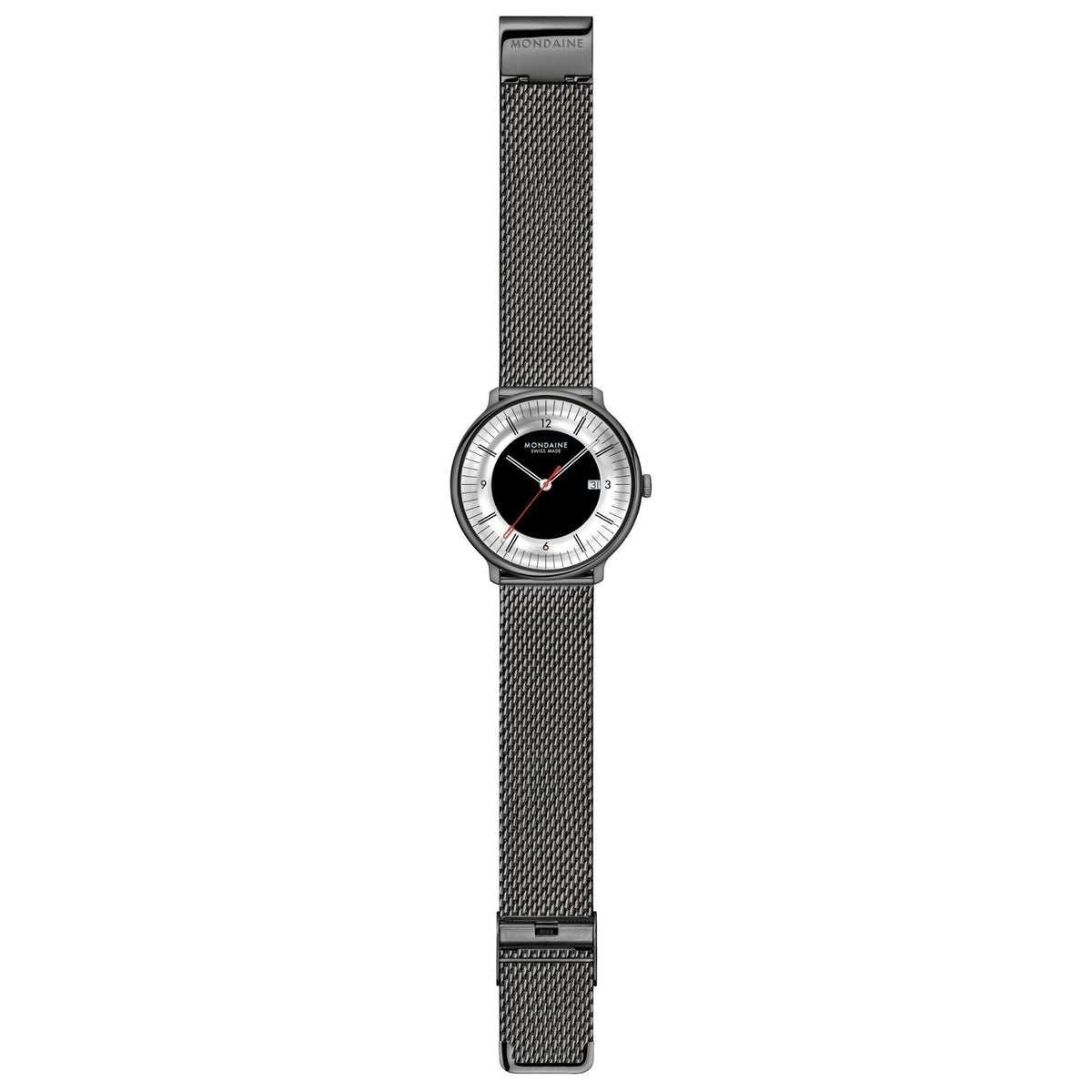 Mondaine Doppio Mirror MLE.41280.SM full length front view of 41mm limited edition quartz watch with mesh bracelet