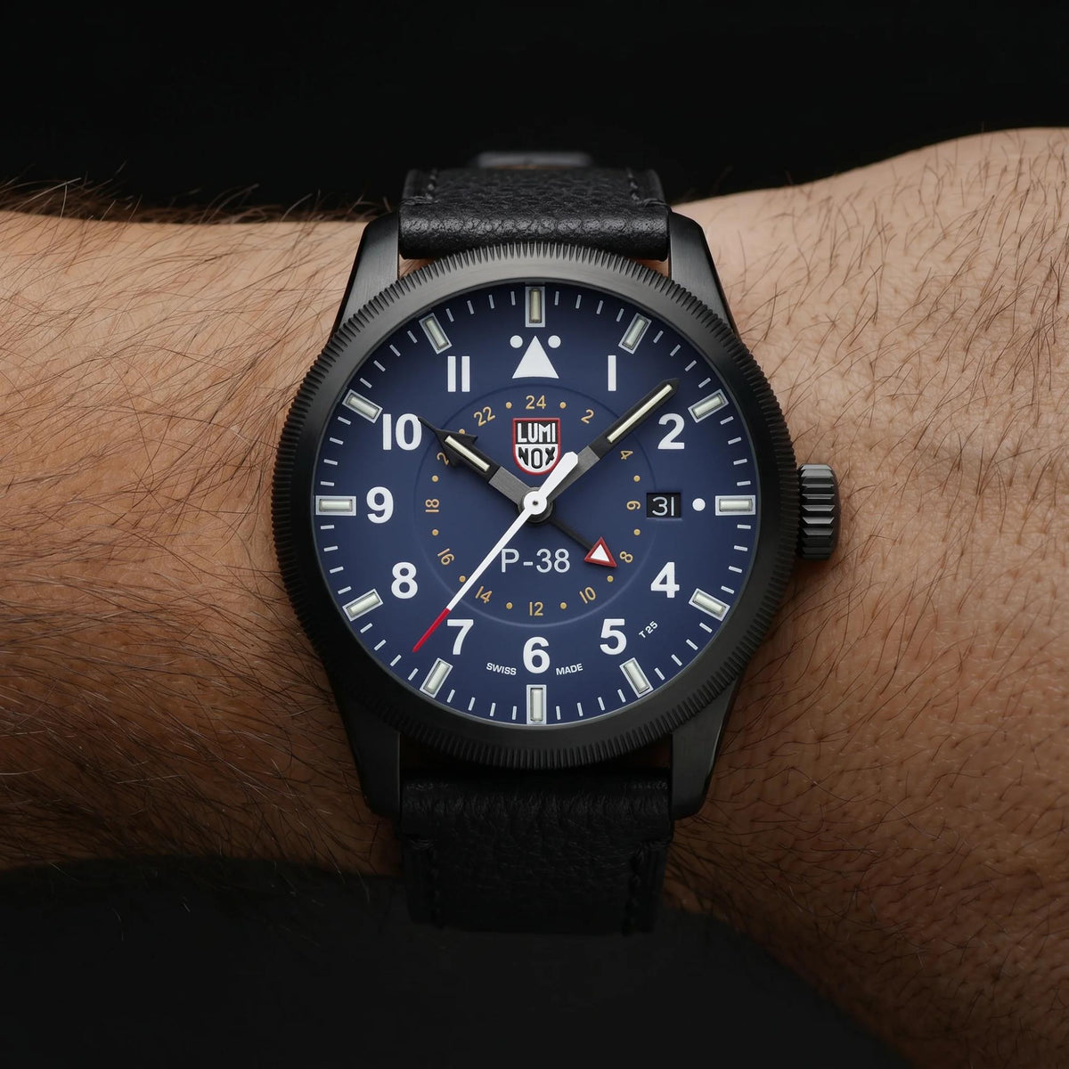 Luminox P-38 Lightning 'Air Pilot' 42mm GMT Blue Dial Leather Mens Quartz Watch XA.9523