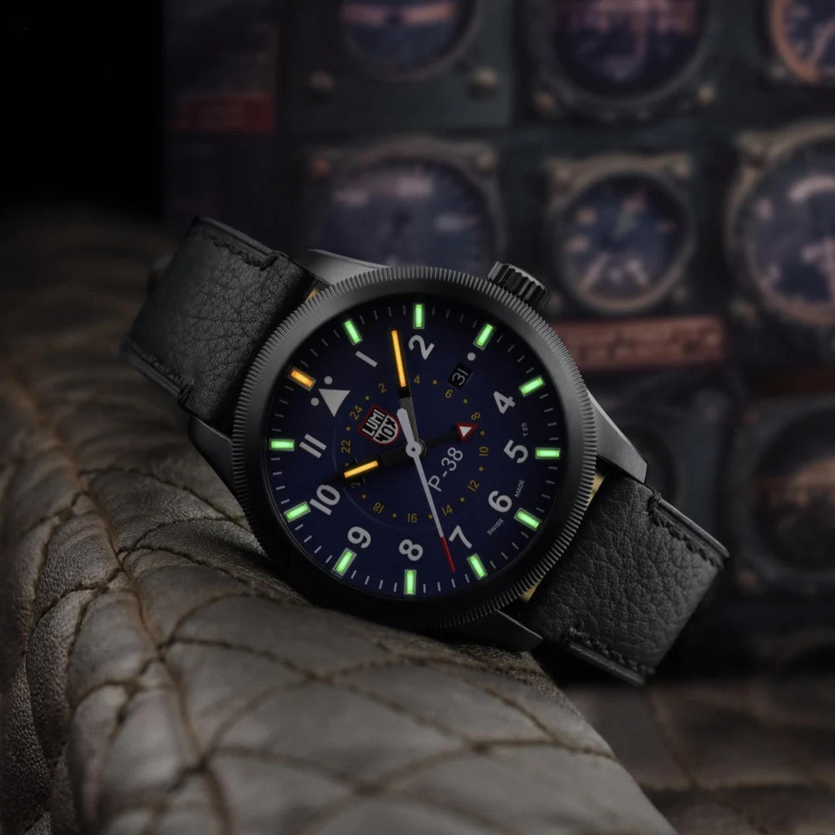 Luminox P-38 Lightning 'Air Pilot' 42mm GMT Blue Dial Leather Mens Quartz Watch XA.9523