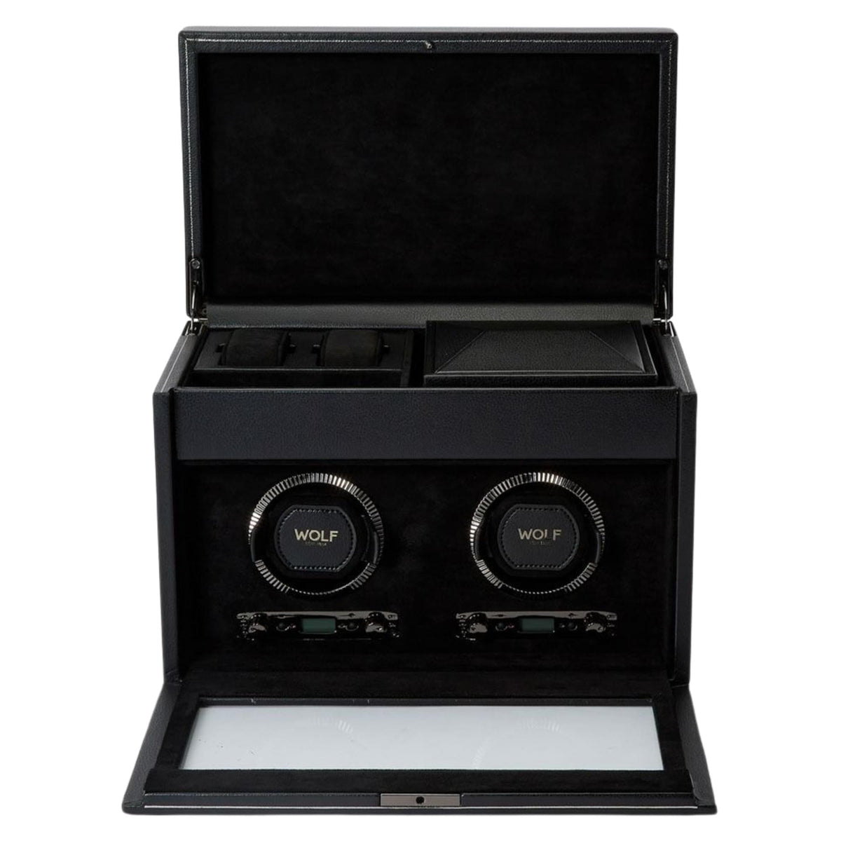 WOLF British Racing Black Double Watch Winder with Storage 792202