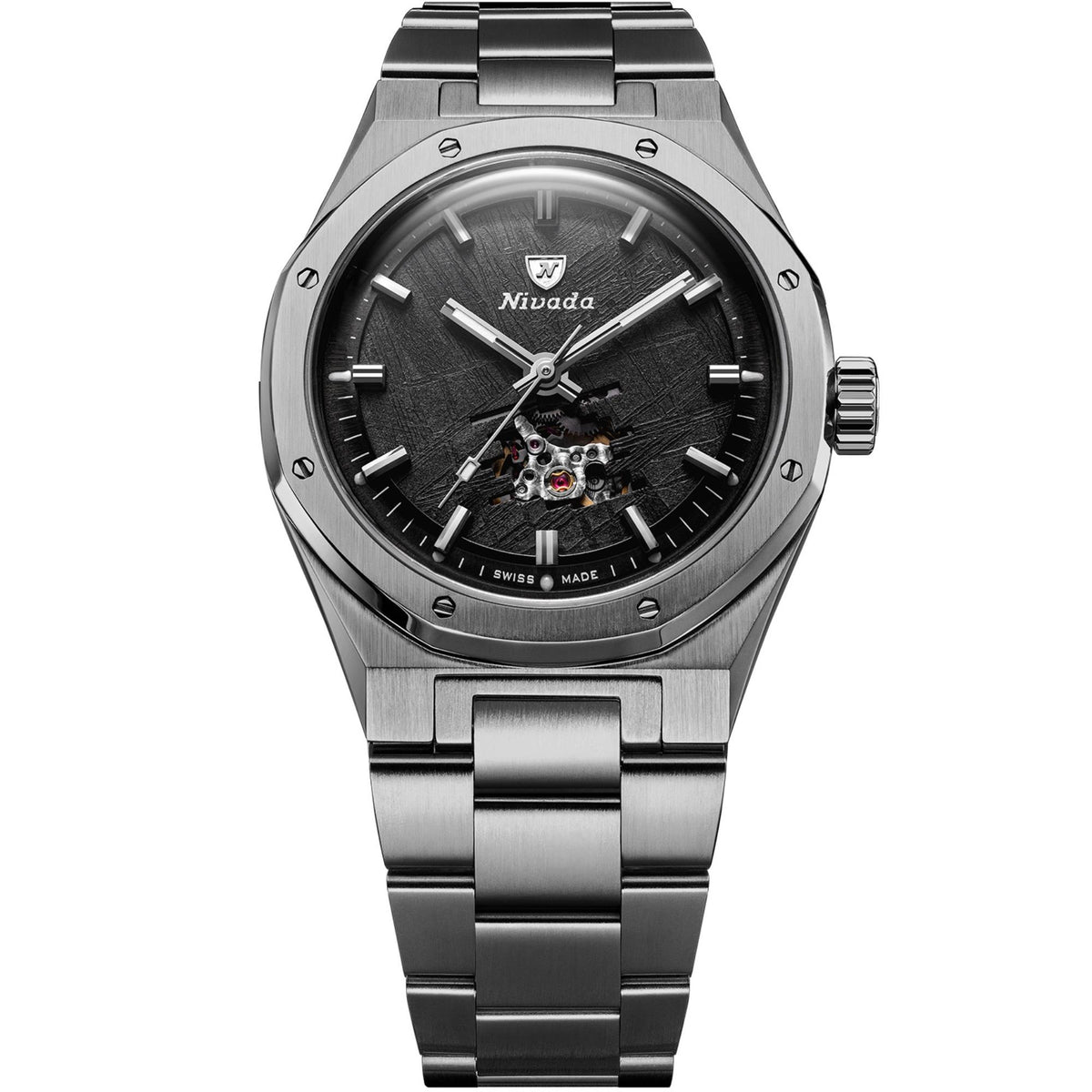 Nivada Grenchen F77 MK2 38mm Open Heart Meteorite Dial Titanium Mens Automatic Watch 68052A77