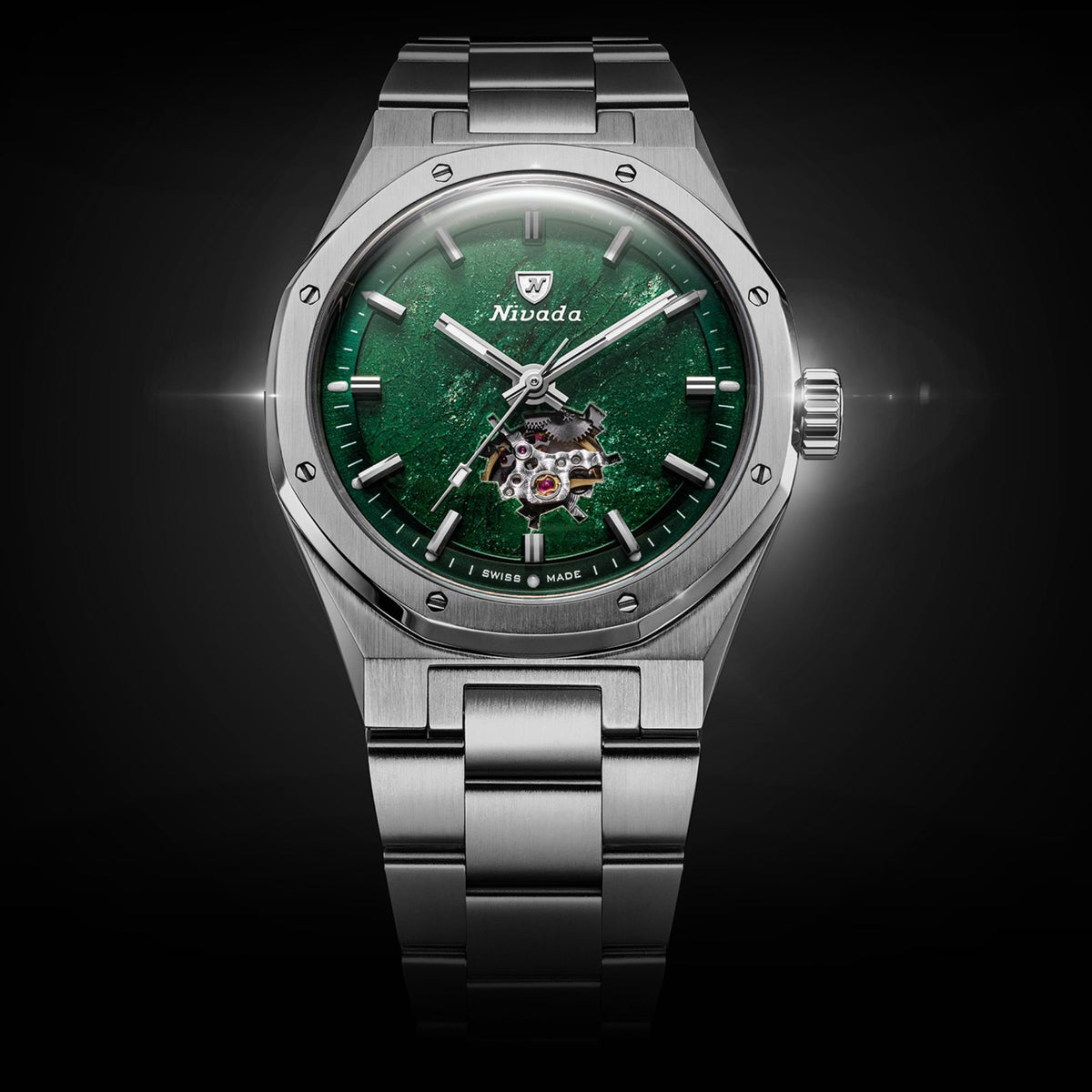 Nivada Grenchen F77 MK2 38mm Open Heart Aventurine Dial Titanium Mens Automatic Watch 68051A77